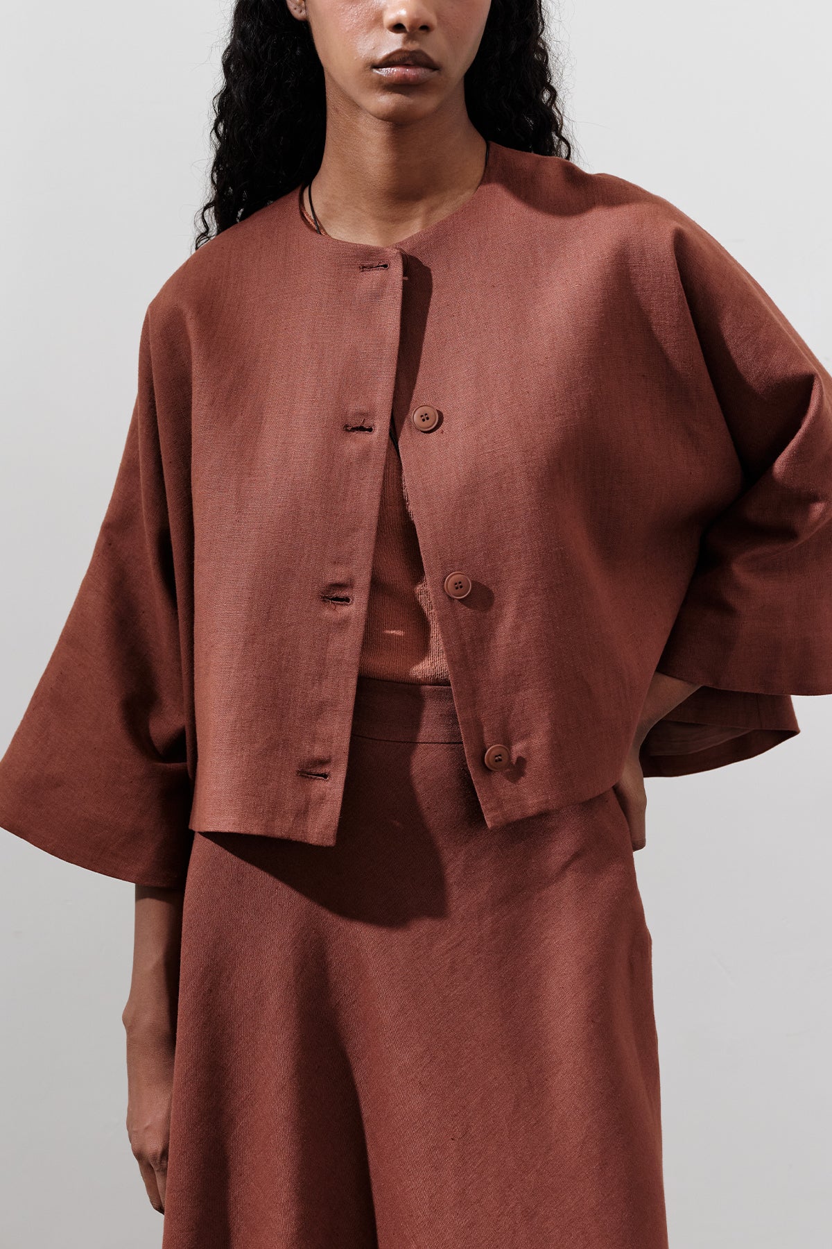 Short Linen Jacket With Wide Sleeves Copper - Image 4