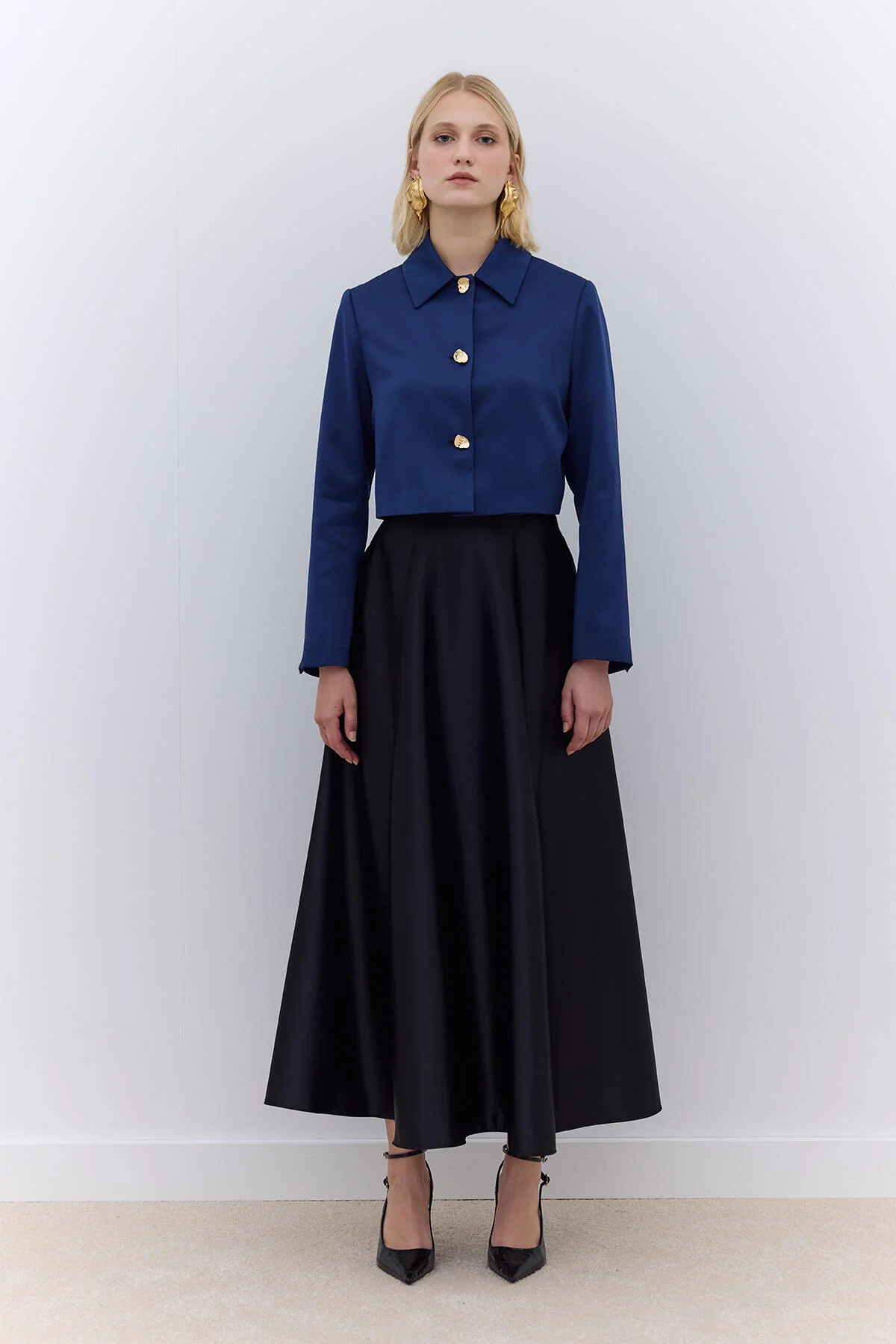 Short Satin Blazer Jacket Night Blue - Image 3