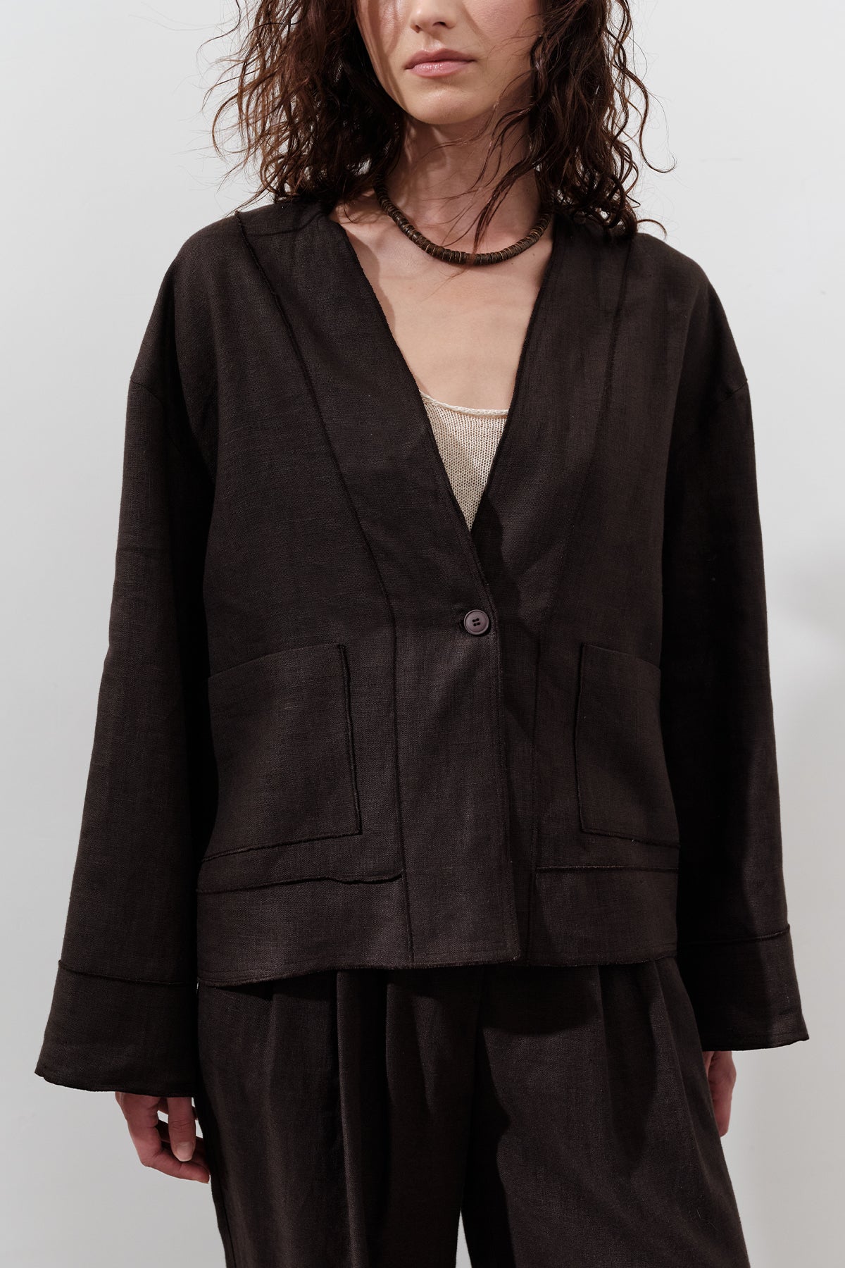 Single-Button Linen Blouse Dark Brown - Image 3