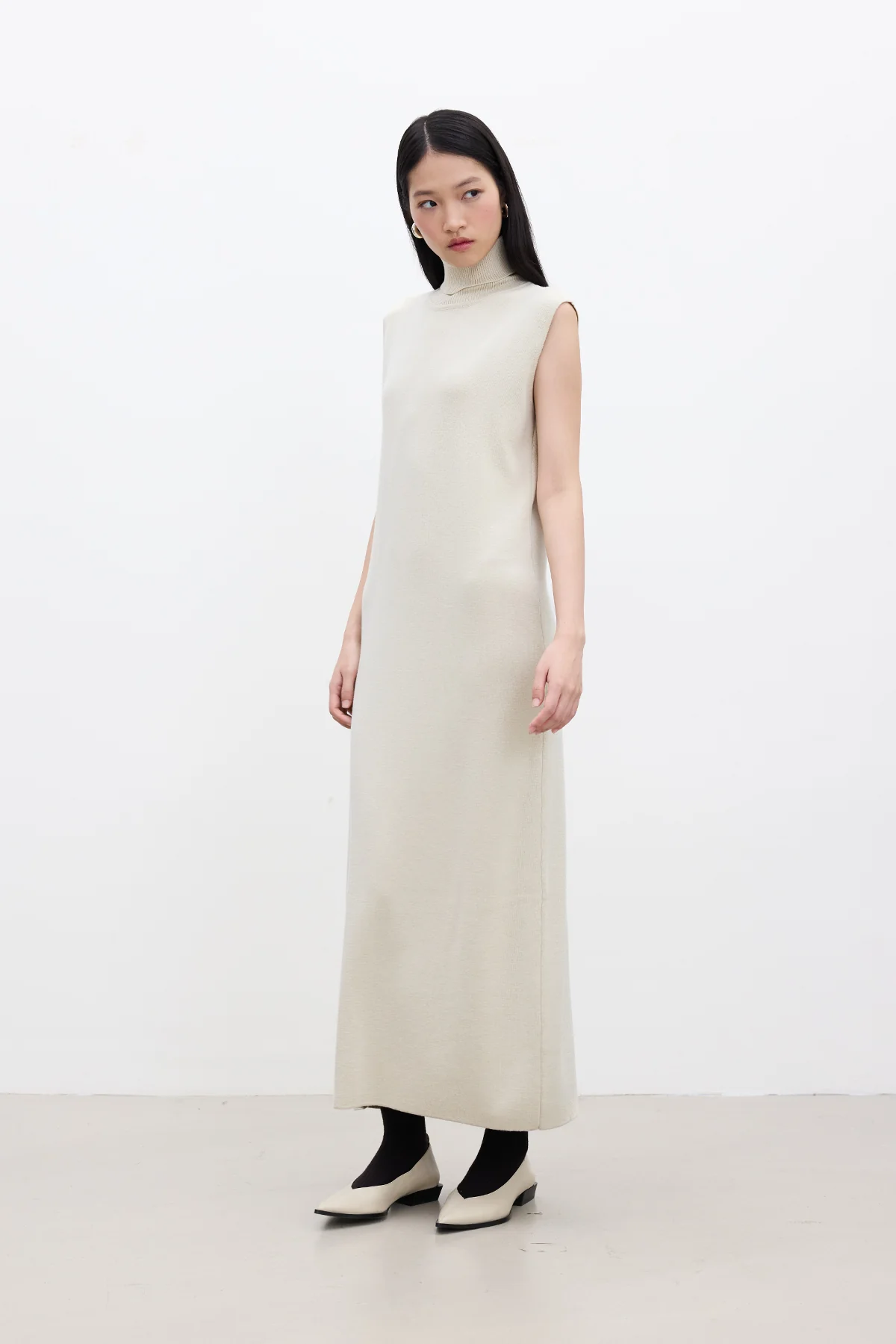 Sleeveless High Neck Knit Dress Beige - Image 7