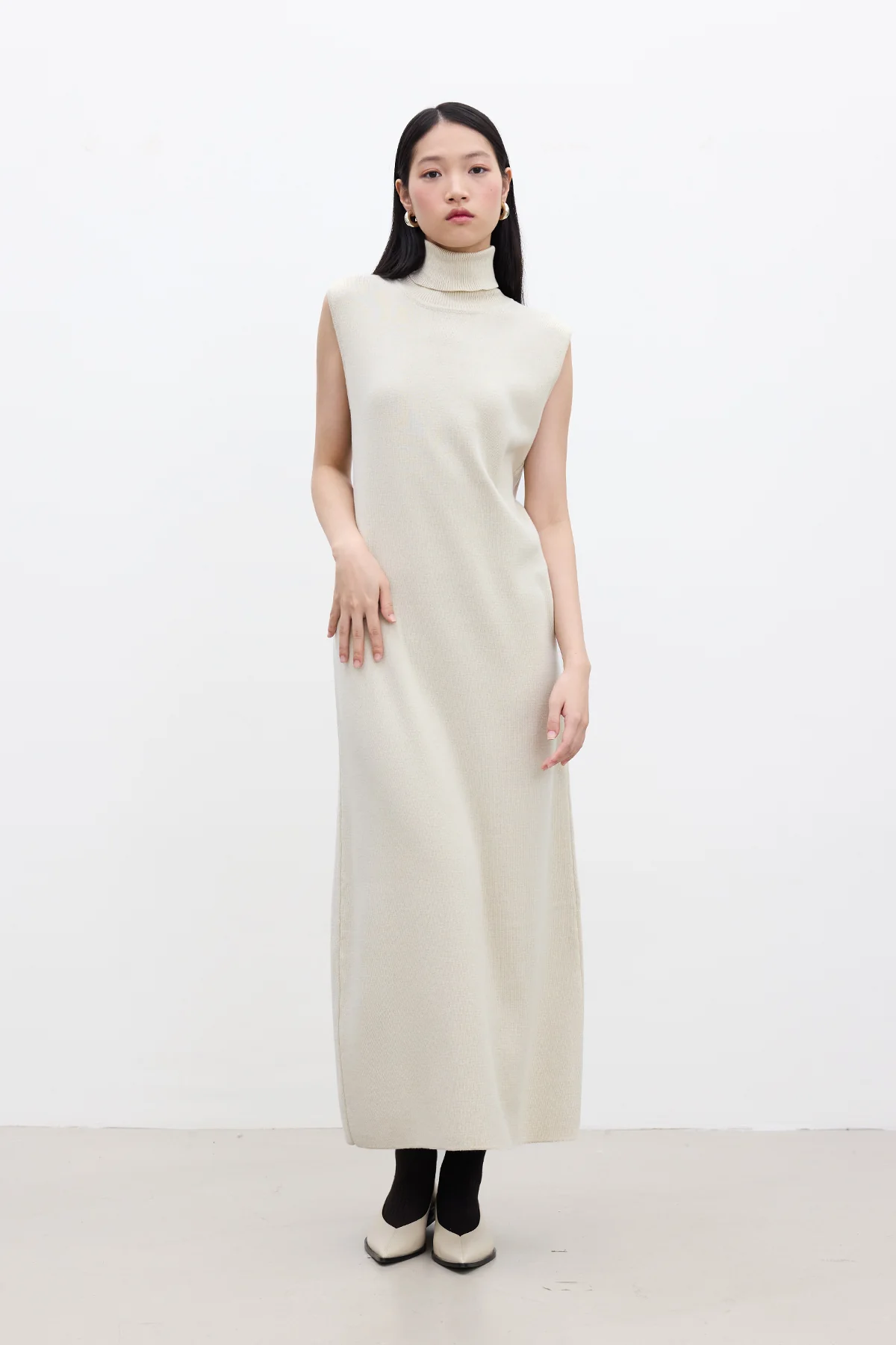 Sleeveless High Neck Knit Dress Beige - Image 9