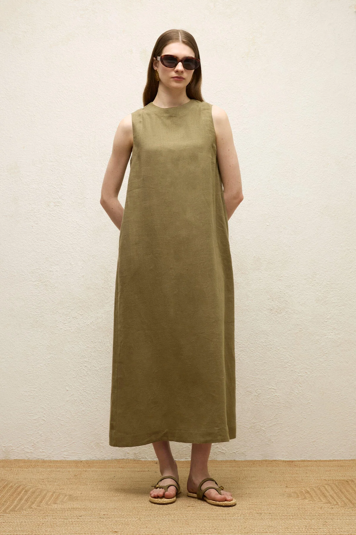 Sleeveless Linen Relaxed Dress Khaki - Image 5
