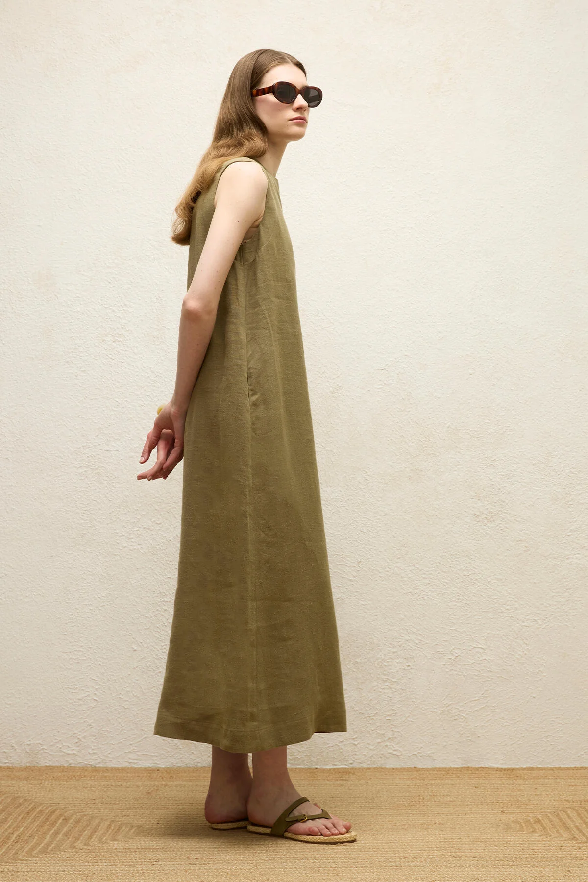 Sleeveless Linen Relaxed Dress Khaki - Image 6