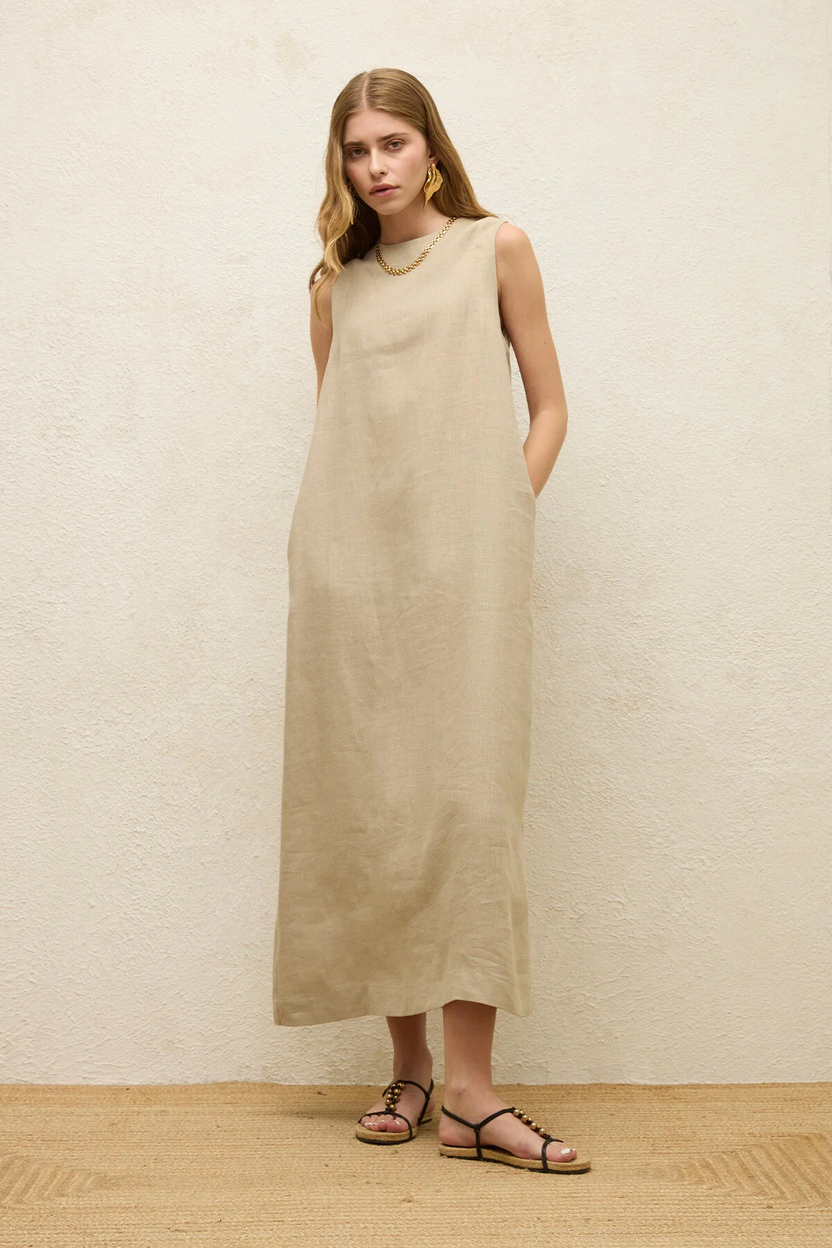 Sleeveless Linen Relaxed Dress Sand - Image 2