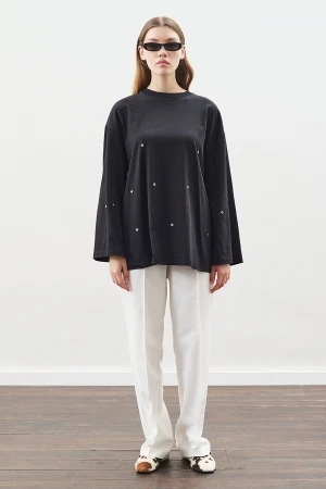 Snap Detail T-Shirt Black