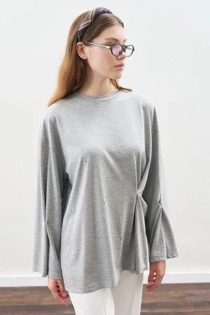 Snap Detail T-Shirt Grey Melange - Image 4