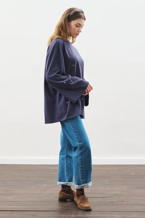 Snap Detail T-Shirt Navy Blue - Image 3