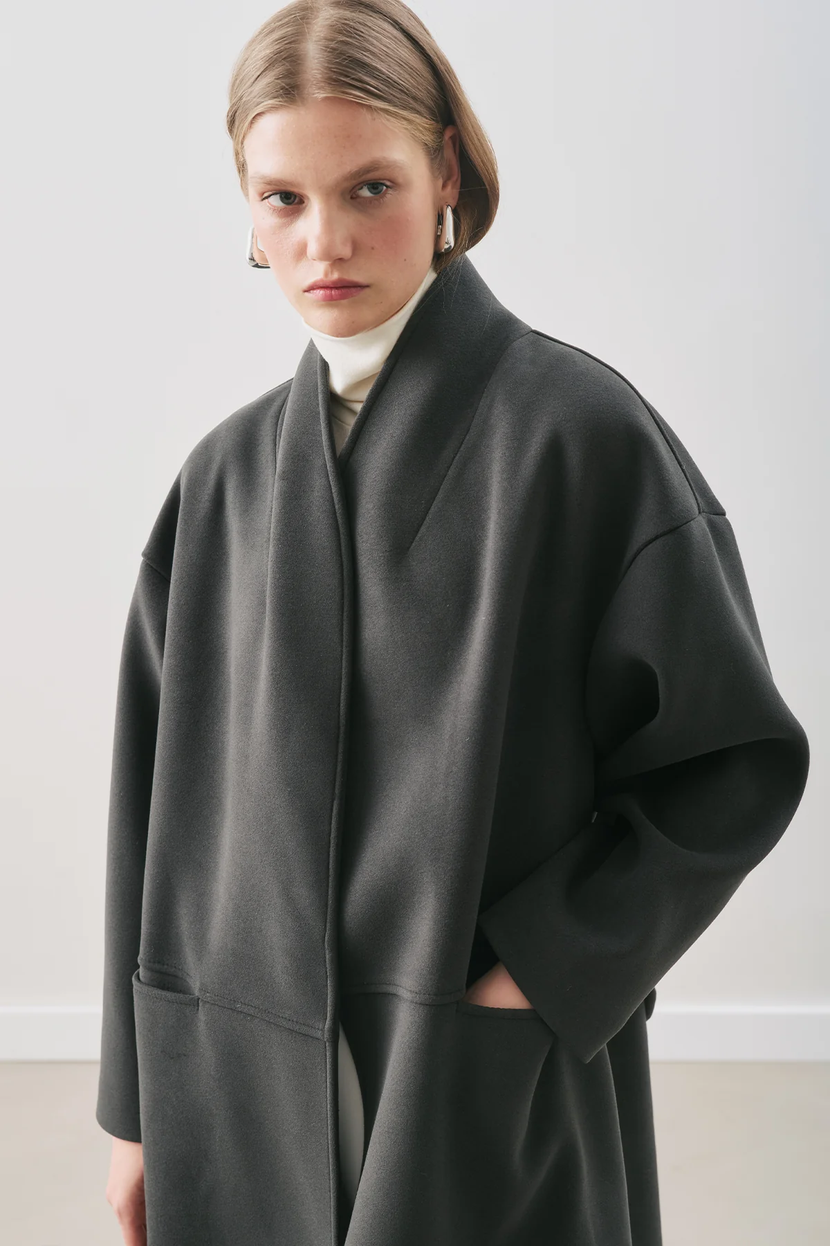 Soft Wool Coat With Scarf Smoky Black - Image 3