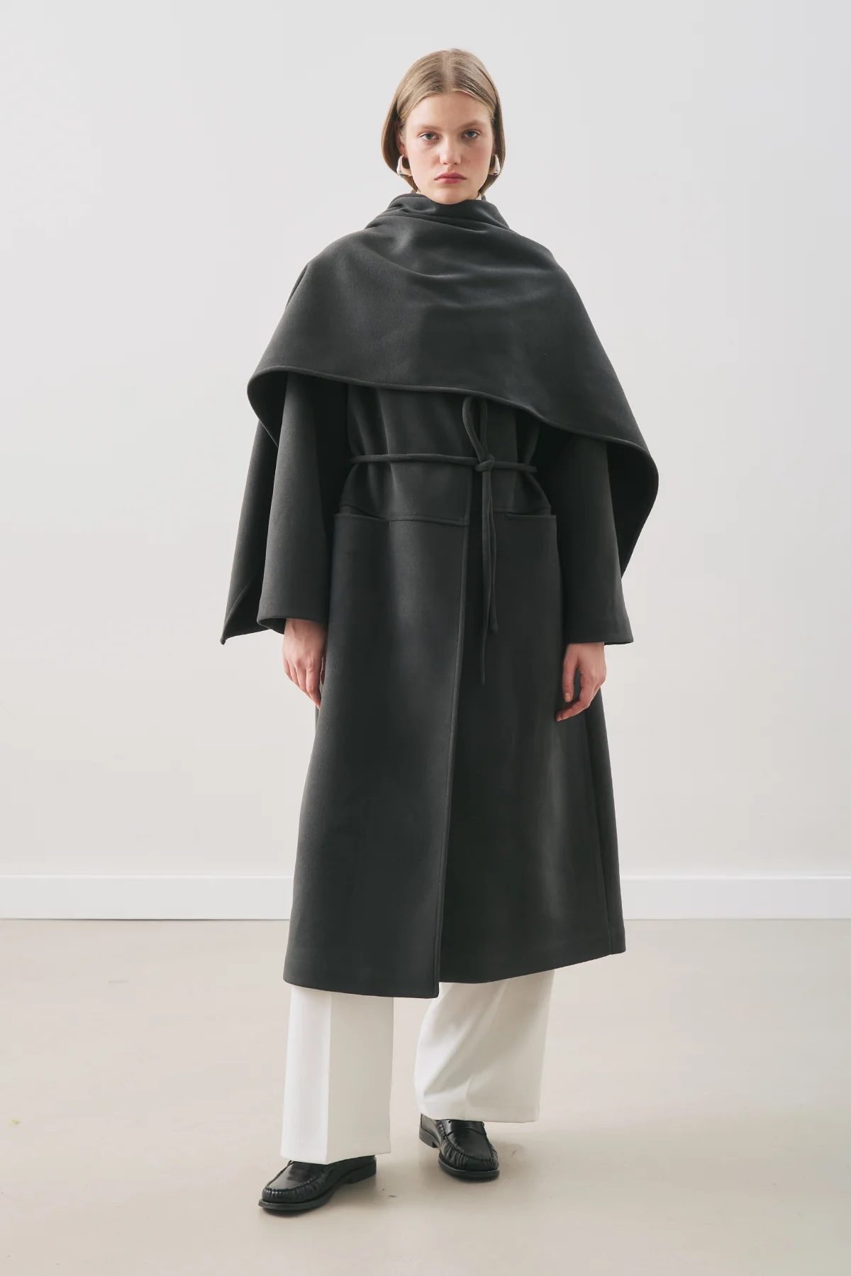 Soft Wool Coat With Scarf Smoky Black - Image 4