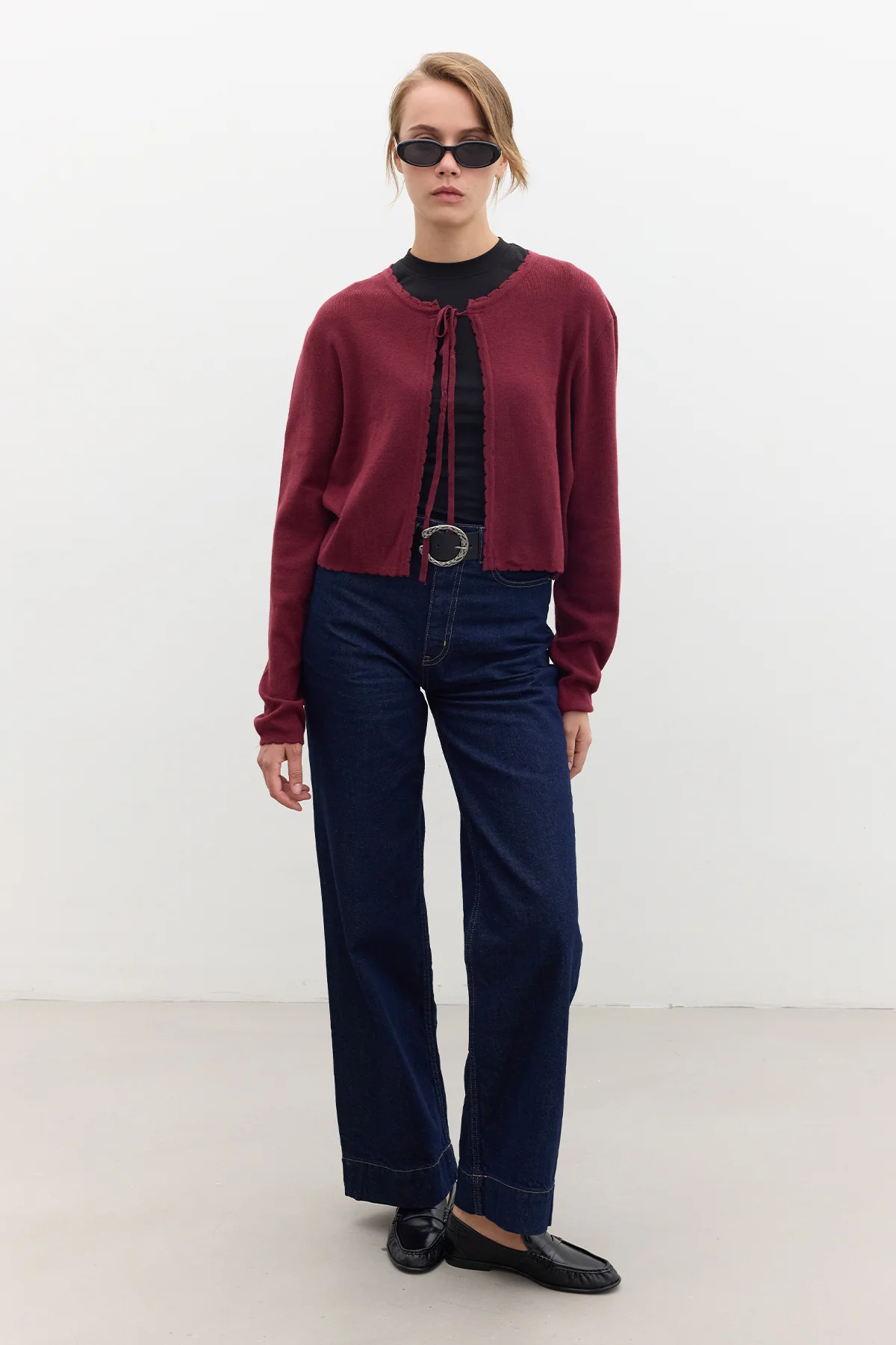 Soft Knit Cardigan With Lacing Burgundy - Image 2