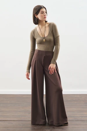 Soft Modal Wide Leg Trousers Brown - Image 4