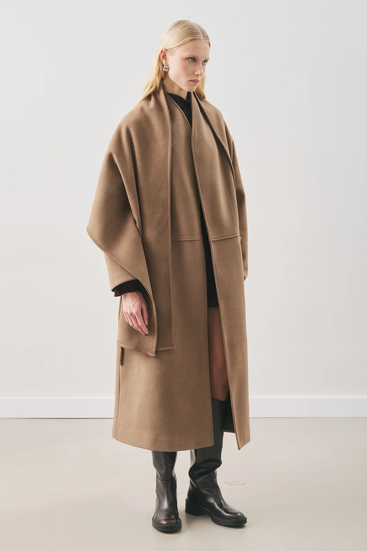 Soft Wool Coat With Scarf Brown - Image 3
