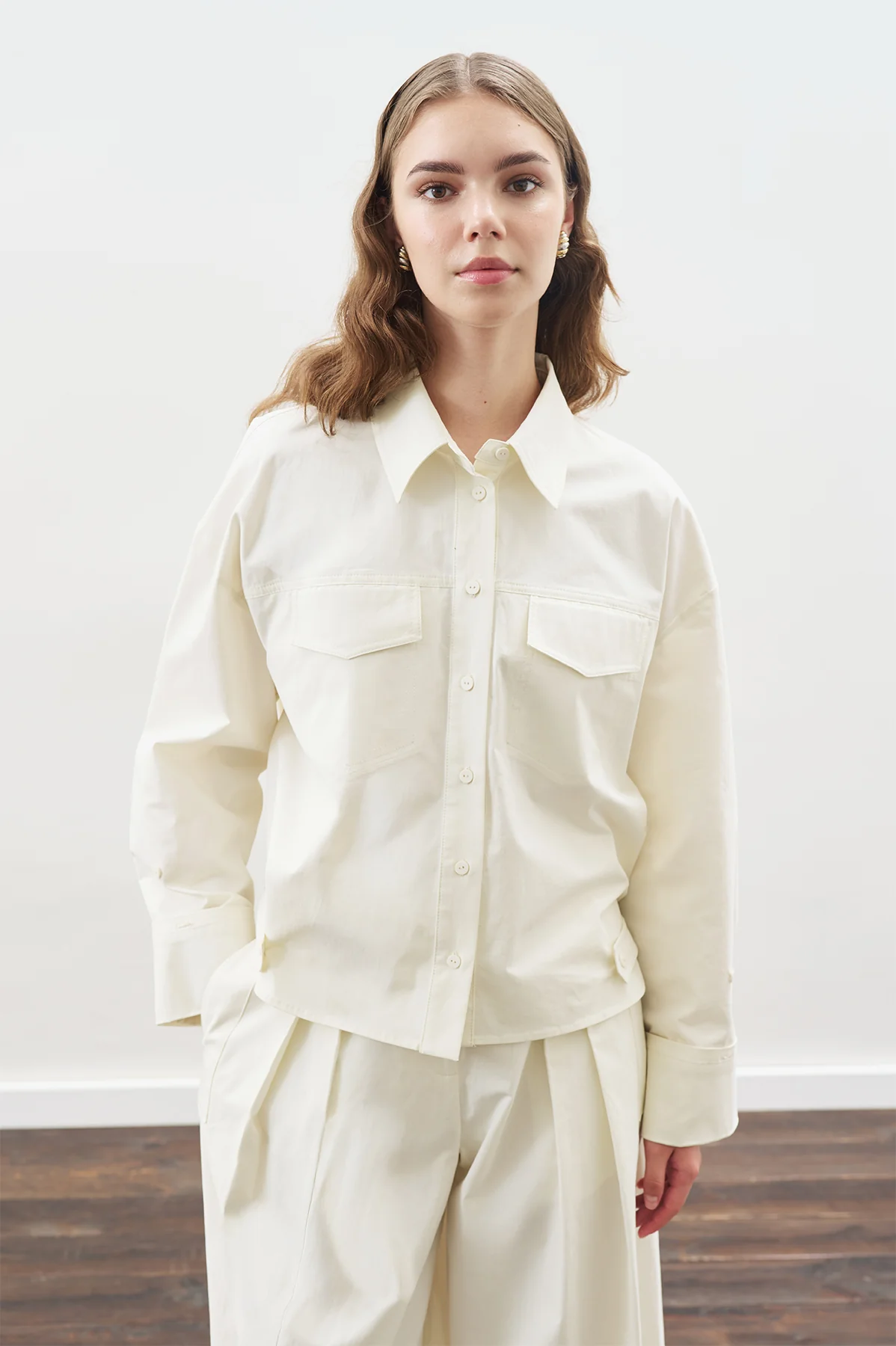Stitch Detail Bomber Shirt Ecru - Image 7