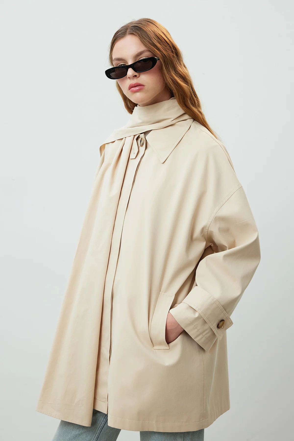 Stockholm Scarf Detailed Oversize Trench Coat Beige - Image 6