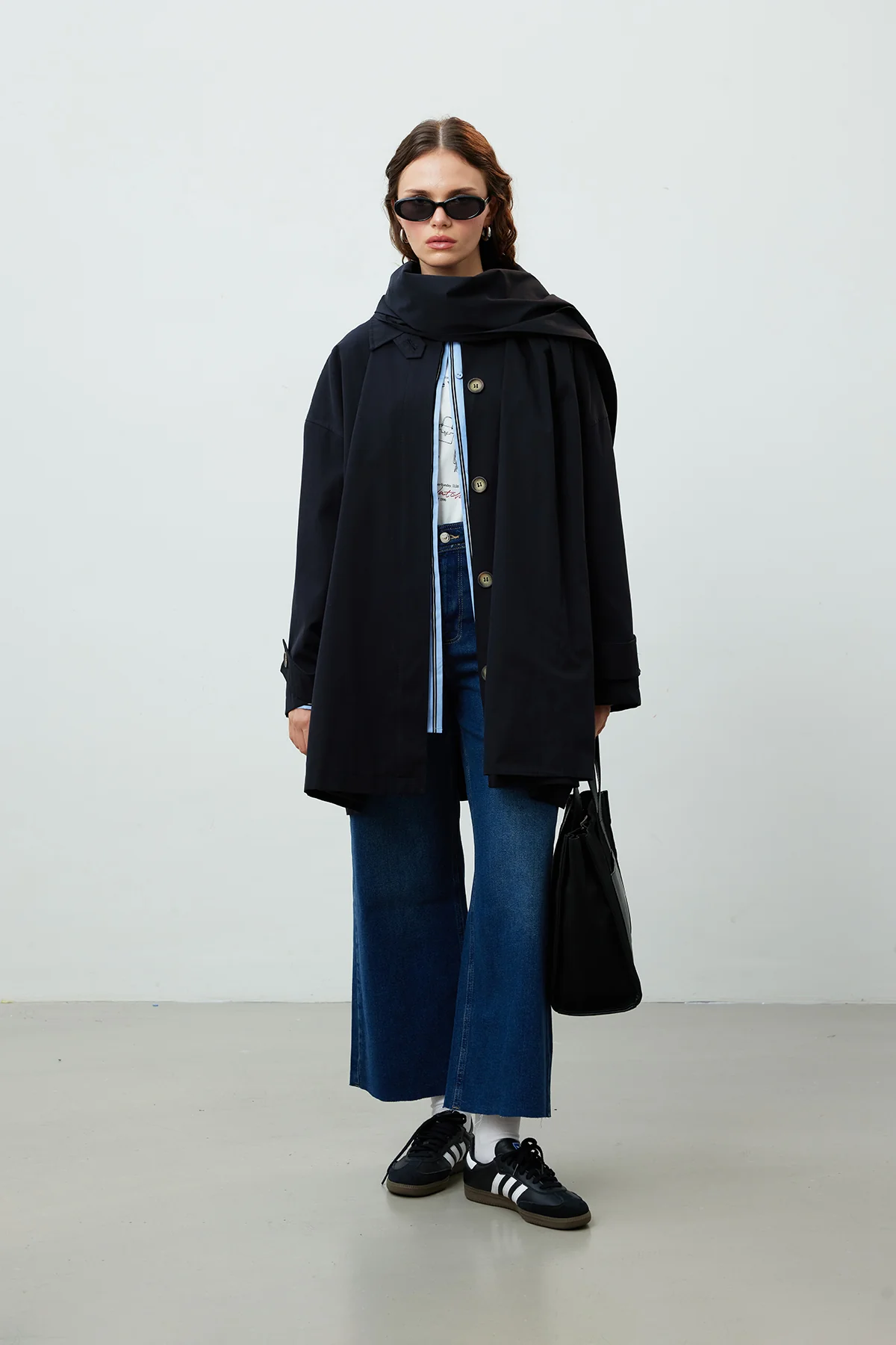 Stockholm Scarf Detailed Oversize Trench Coat Black - Image 16