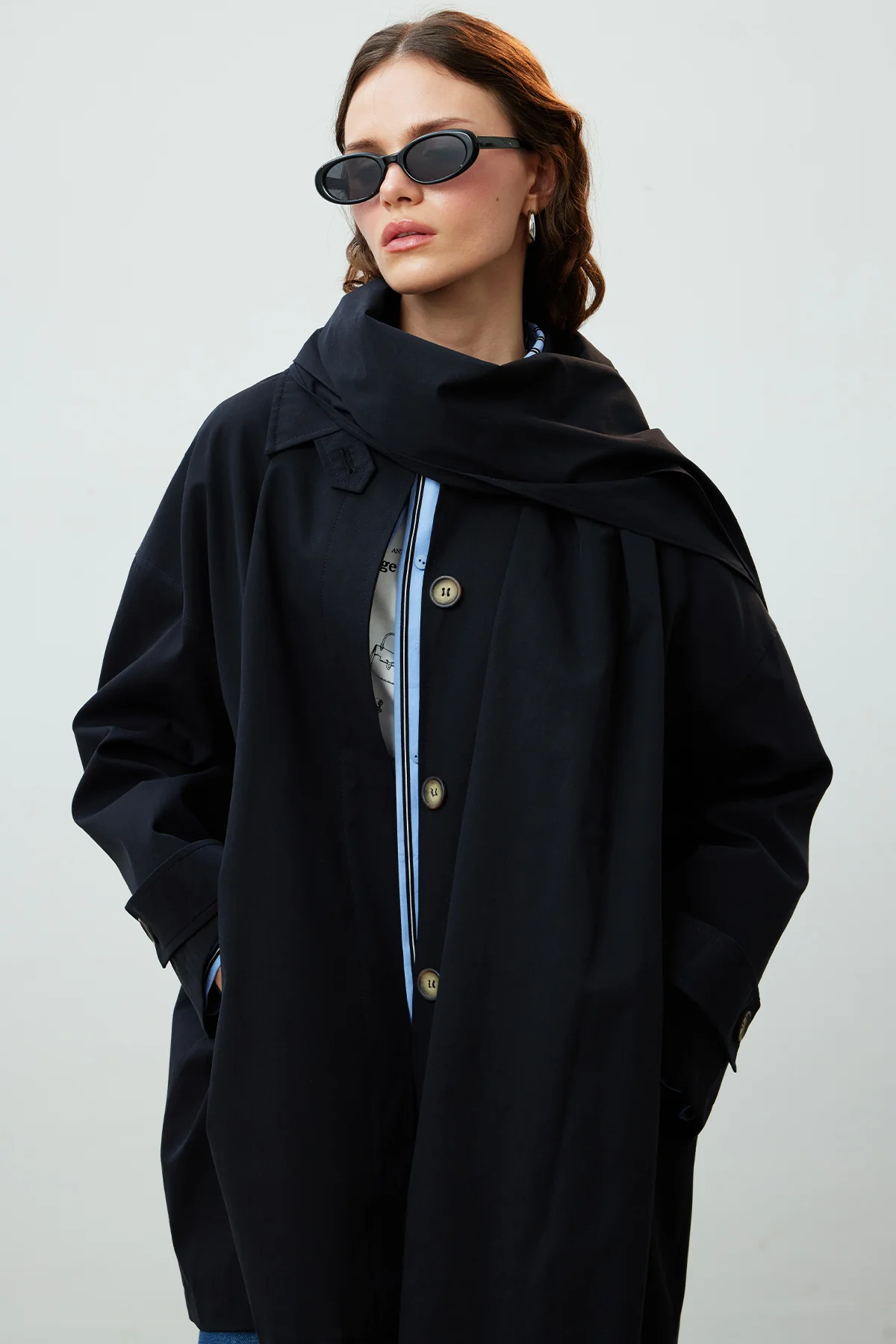 Stockholm Scarf Detailed Oversize Trench Coat Black - Image 2