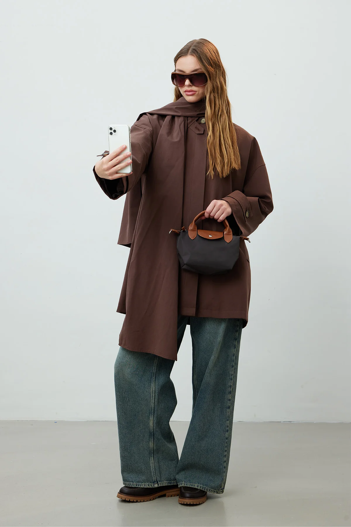 Stockholm Scarf Detailed Oversize Trench Coat Brown