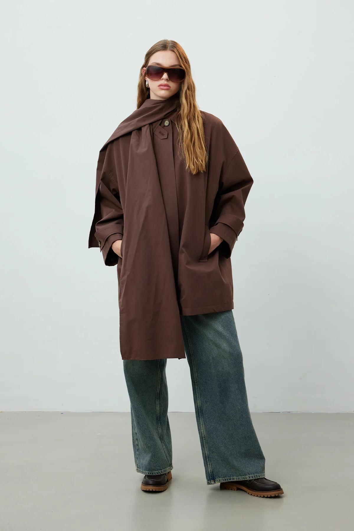 Stockholm Scarf Detailed Oversize Trench Coat Brown - Image 2