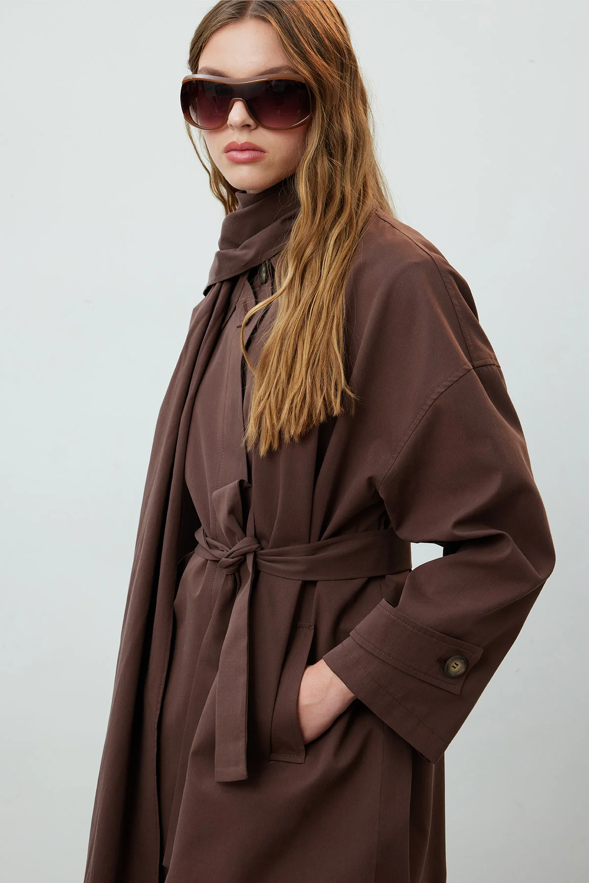 Stockholm Scarf Detailed Oversize Trench Coat Brown - Image 4