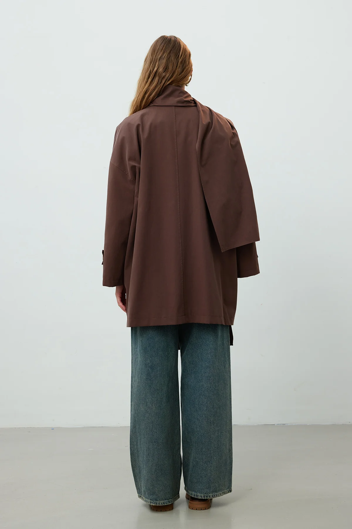 Stockholm Scarf Detailed Oversize Trench Coat Brown - Image 6