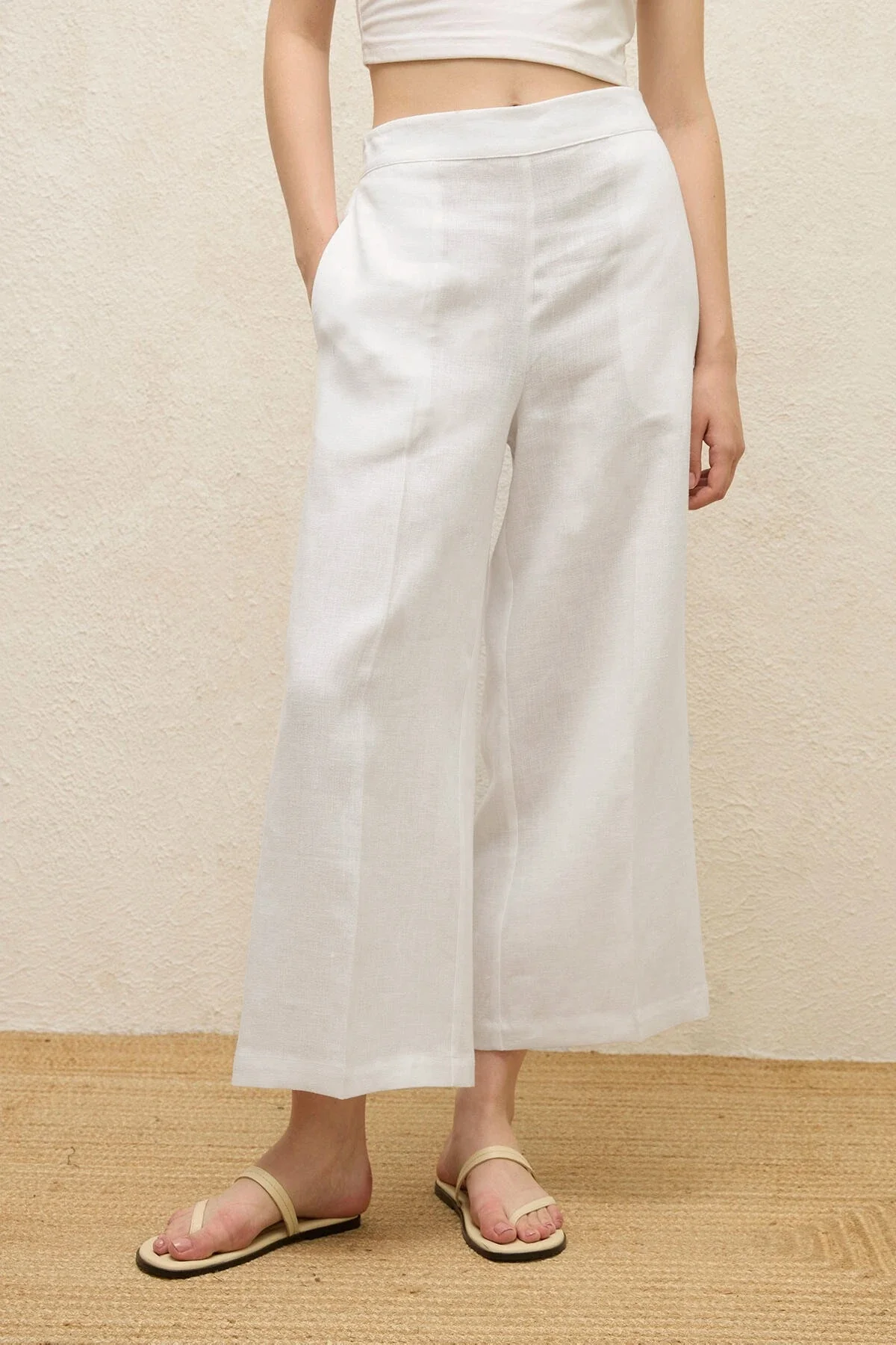 Straight Linen Trousers White - Image 3