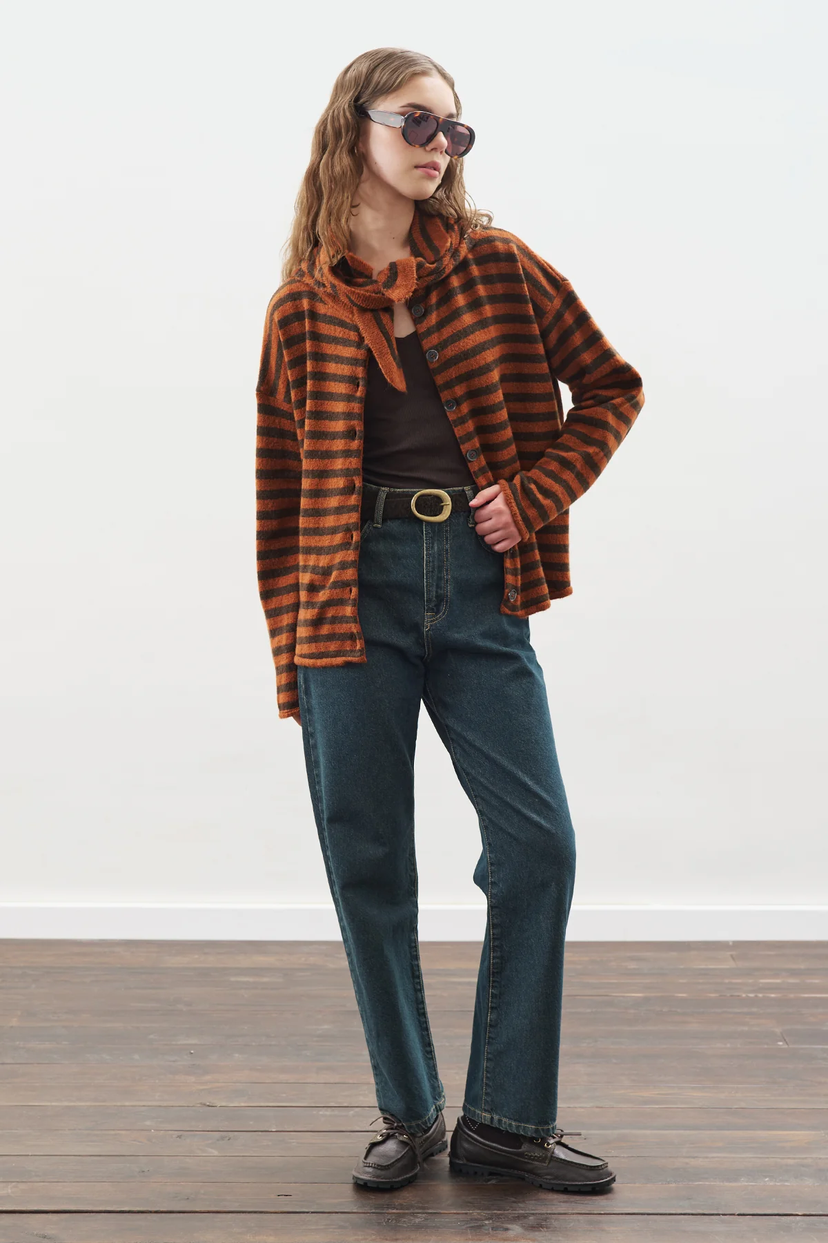 Striped Cardigan With Scarf Detail Brown - Image 2