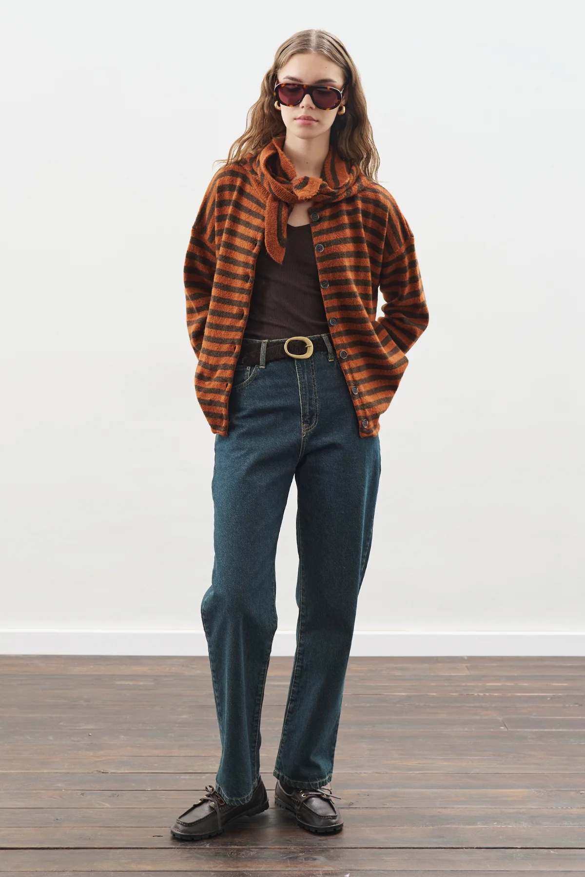 Striped Cardigan With Scarf Detail Brown - Image 3