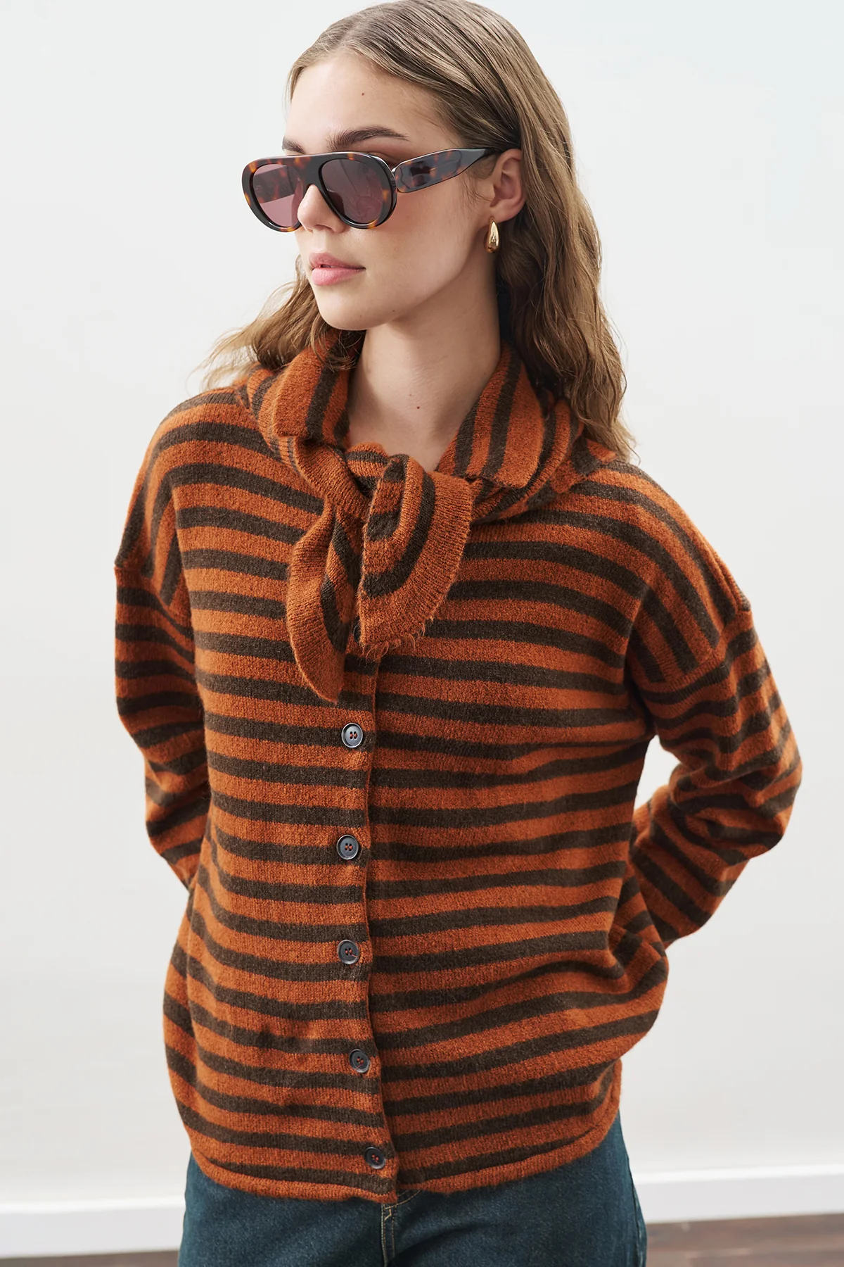 Striped Cardigan With Scarf Detail Brown - Image 4