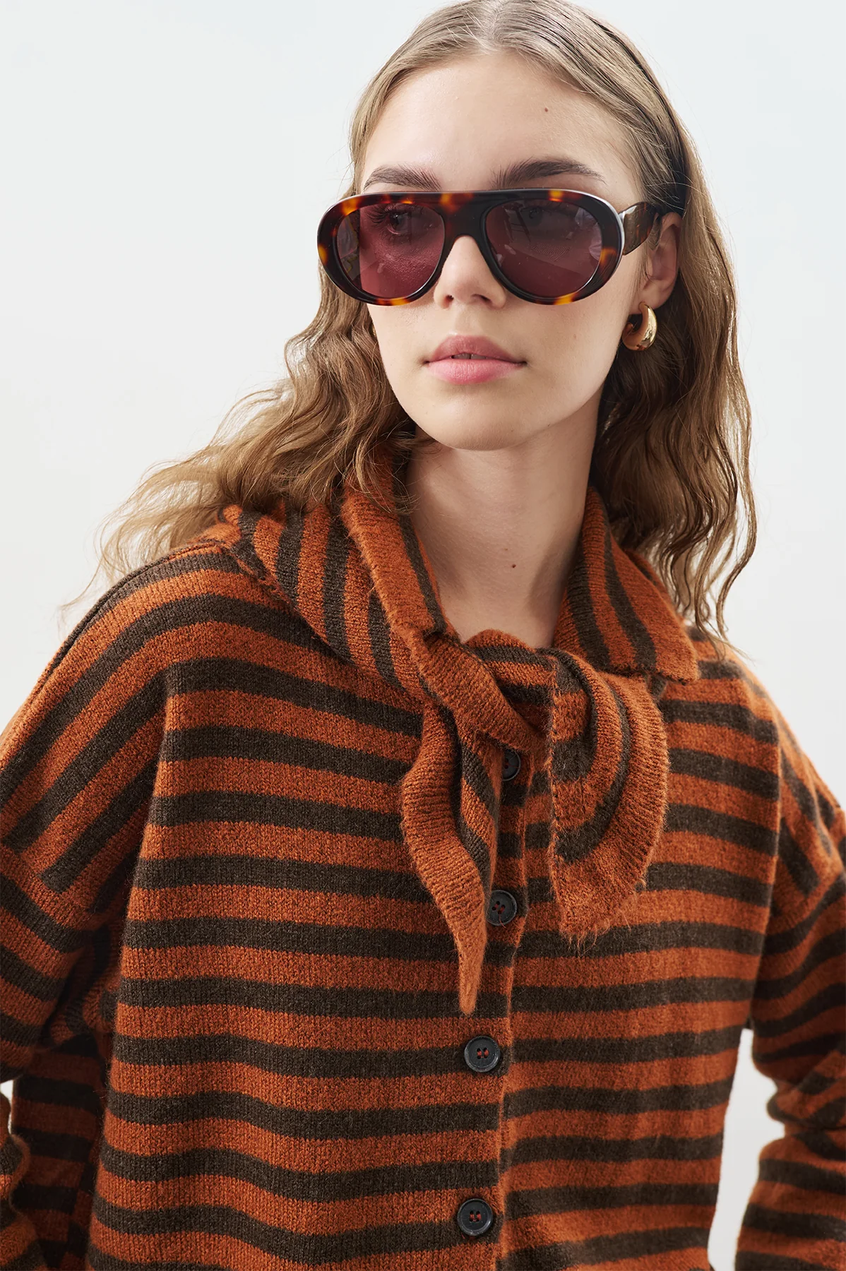 Striped Cardigan With Scarf Detail Brown - Image 5