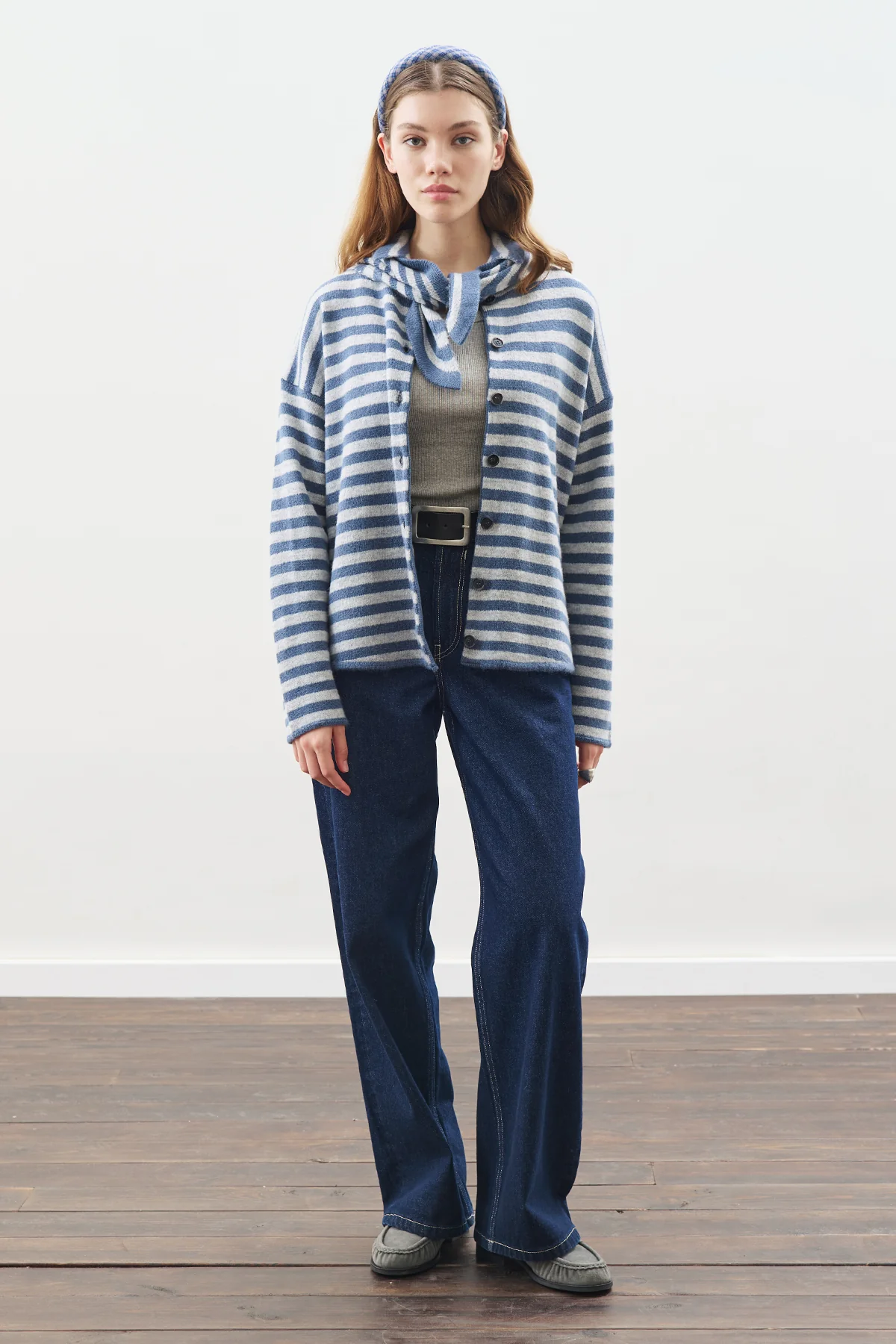 Striped Cardigan With Scarf Detail Indigo - Image 2