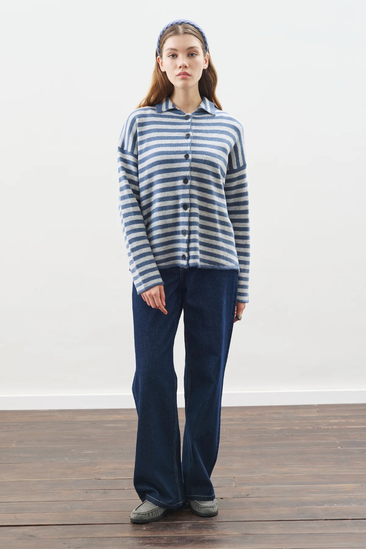 Striped Cardigan With Scarf Detail Indigo - Image 6