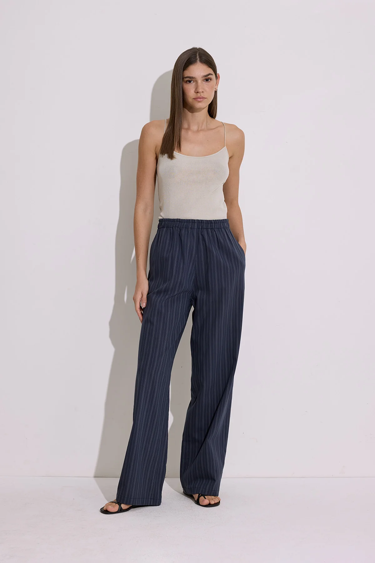 Striped Elastic Waist Trousers Navy Blue - Image 4