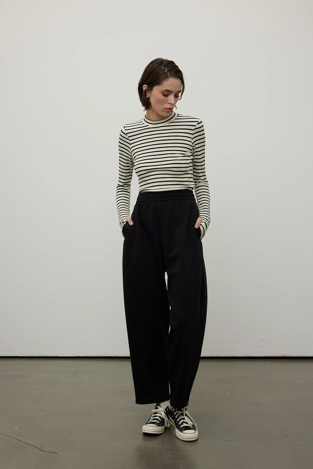 Striped Finger Sleeve Bodysuit Black - Image 6
