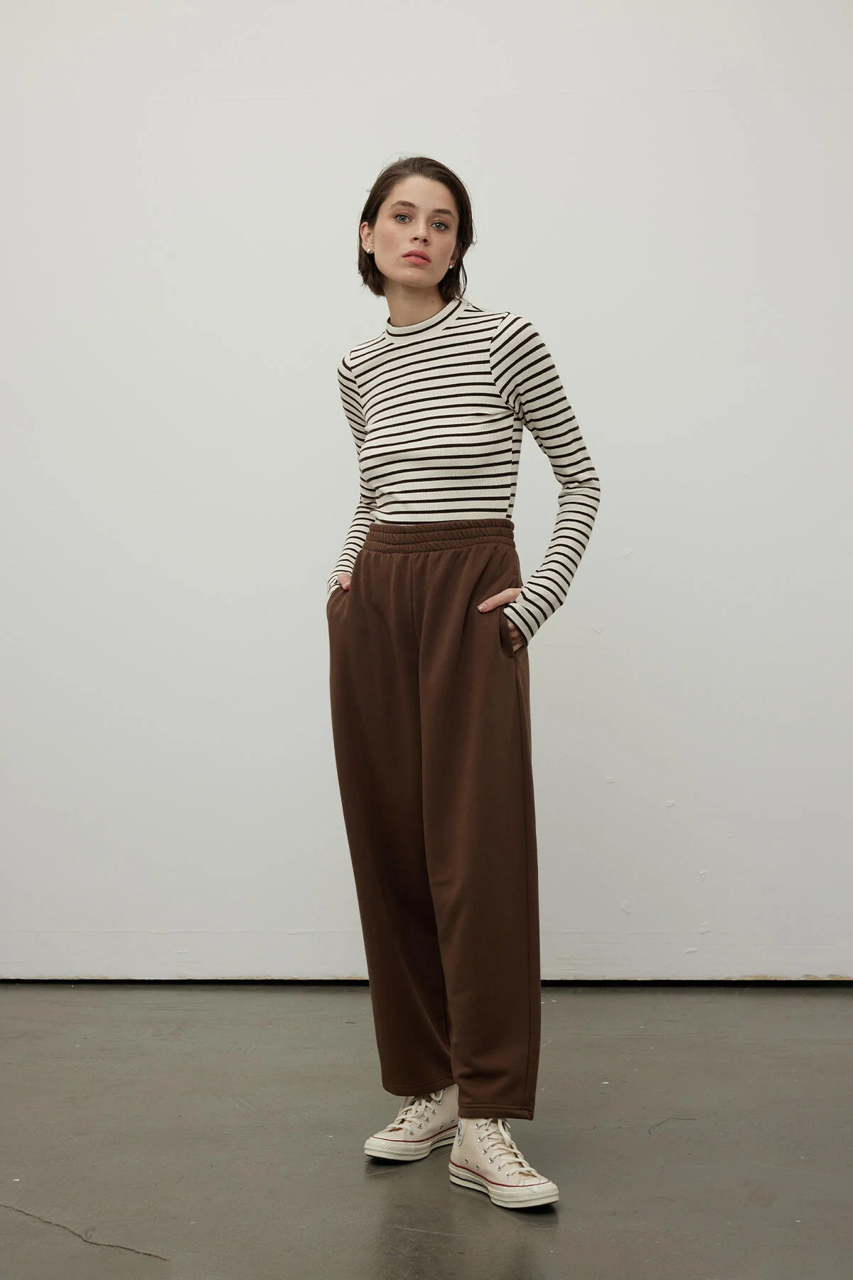 Striped Finger Sleeve Bodysuit Brown - Image 2