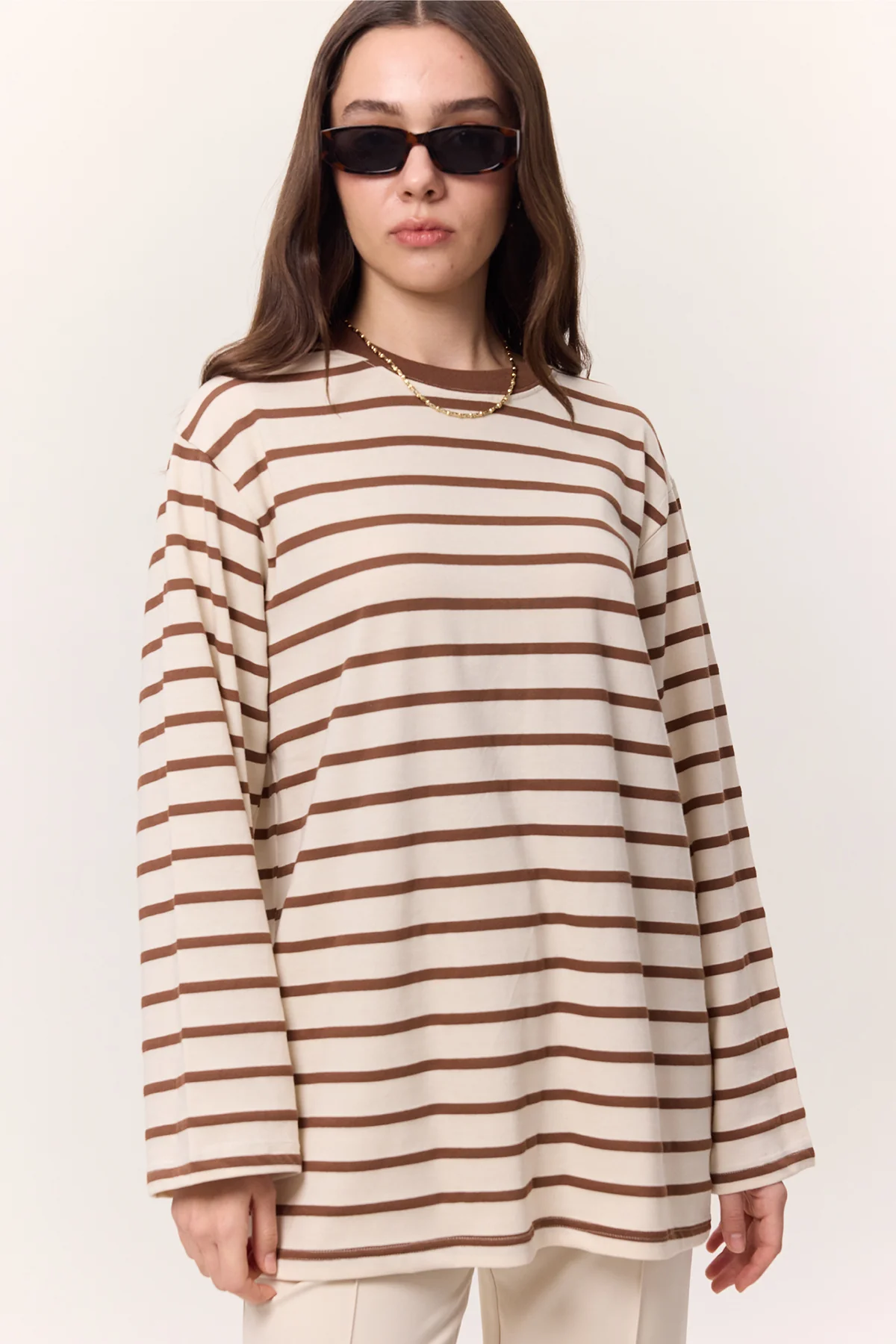 Striped Oversized Long Sleeve T-Shirt Brown - Image 3
