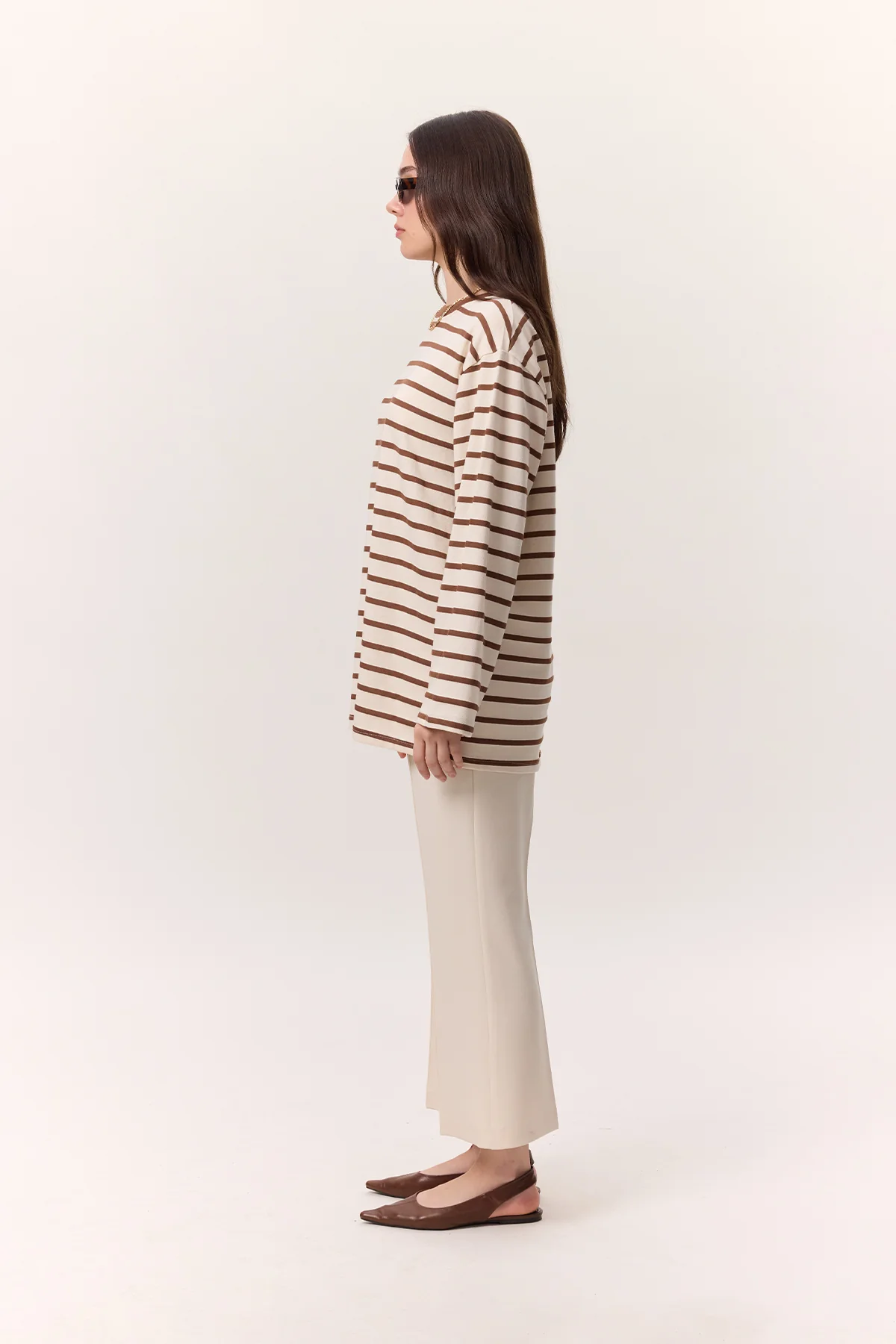 Striped Oversized Long Sleeve T-Shirt Brown - Image 5