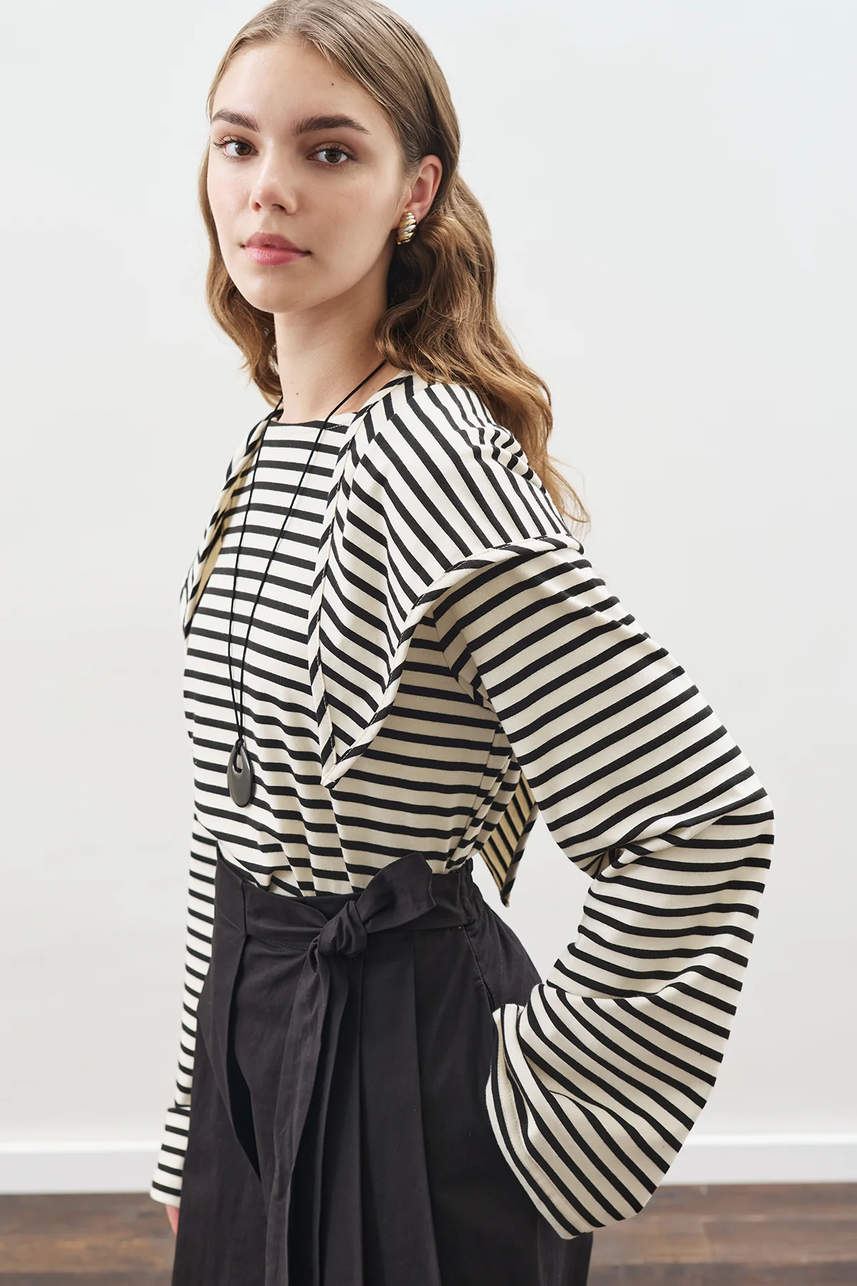 Striped T-Shirt With Scarf Detail Black - Image 5