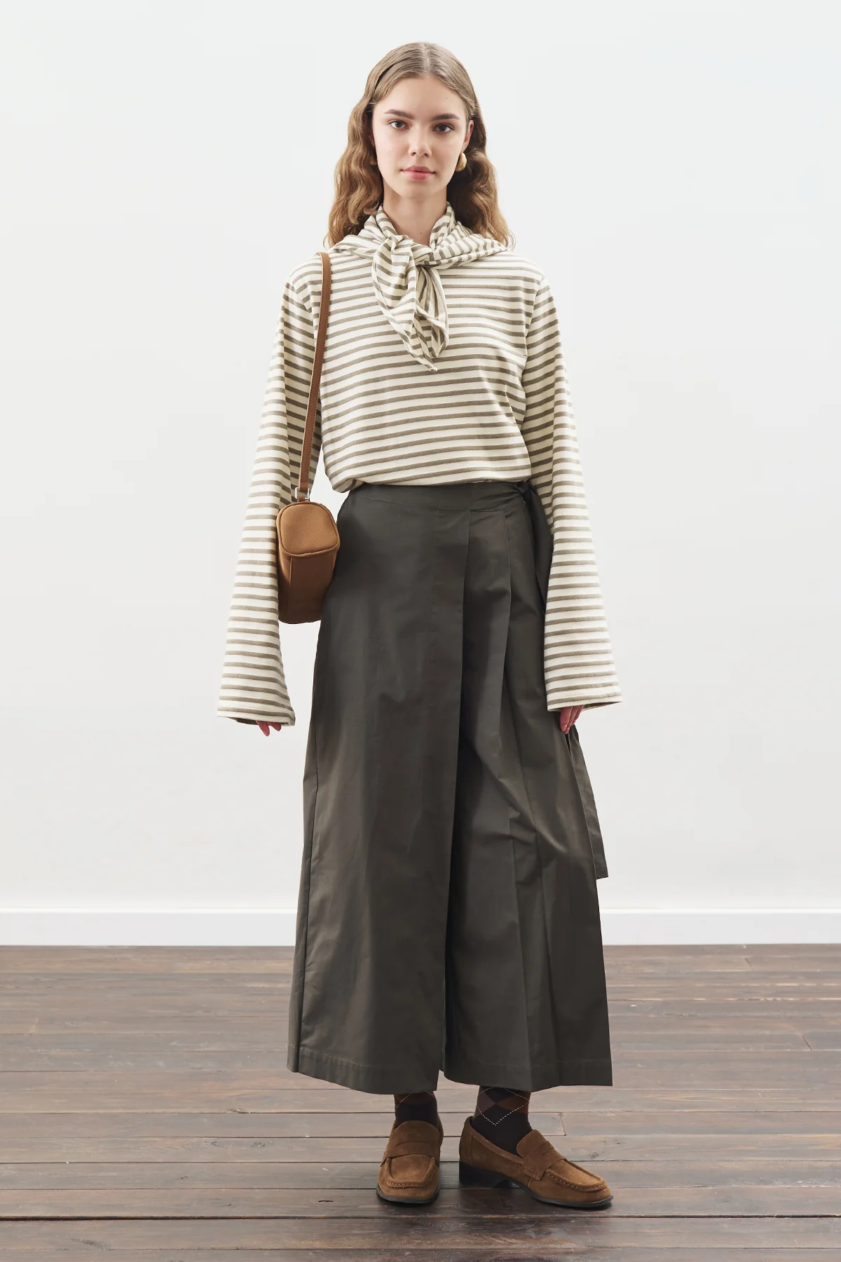 Striped T-Shirt With Scarf Detail Khaki - Image 4
