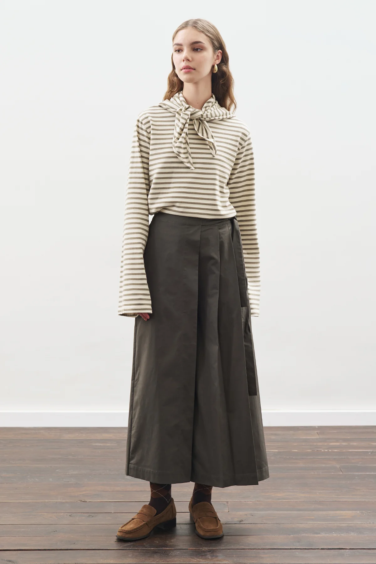 Striped T-Shirt With Scarf Detail Khaki - Image 5