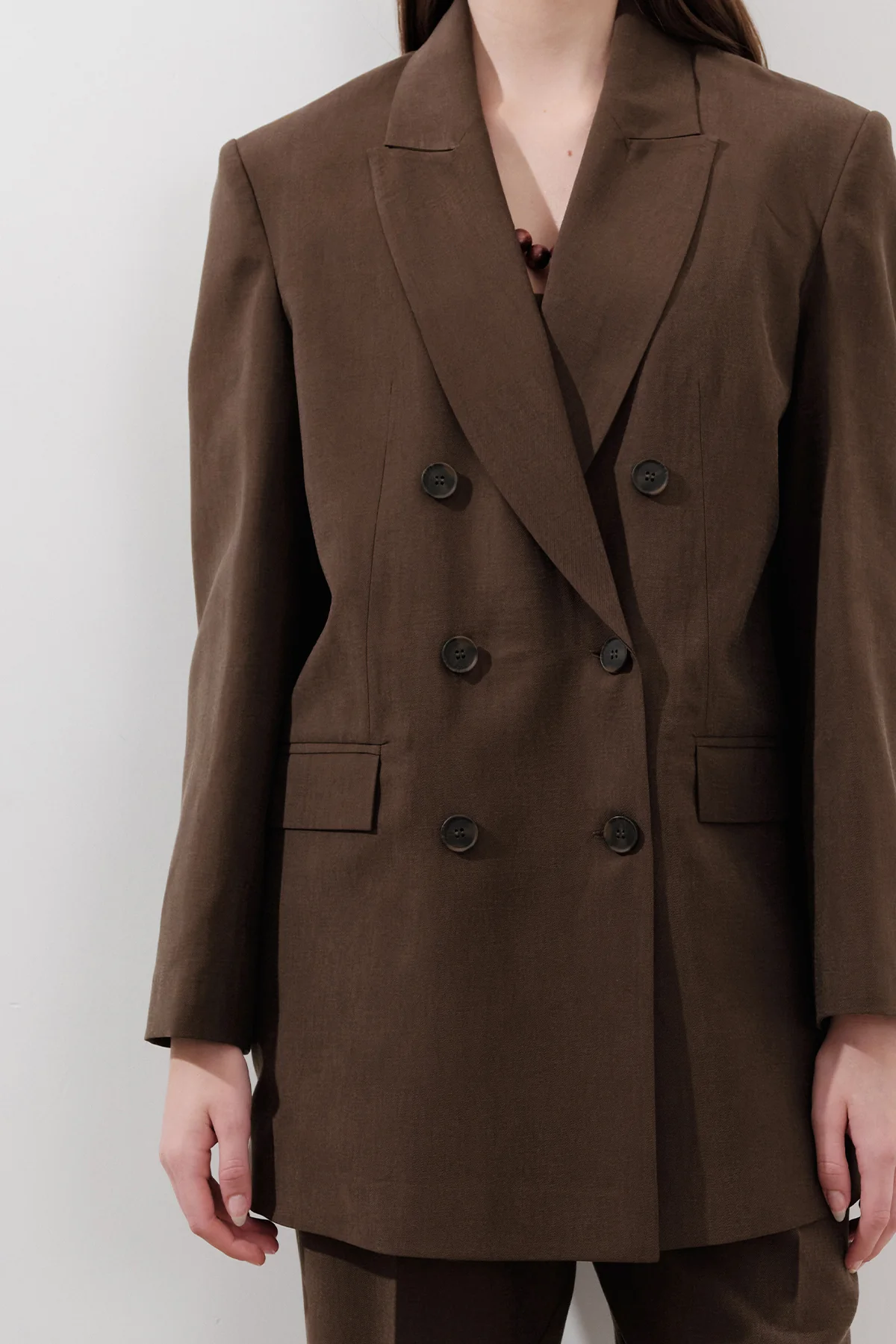 Tencel Belted Double-Breasted Blazer Dark Brown - Image 3