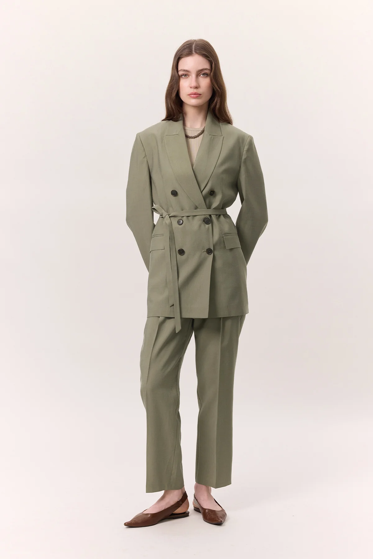 Tencel Belted Double-Breasted Blazer Pistachio - Image 4