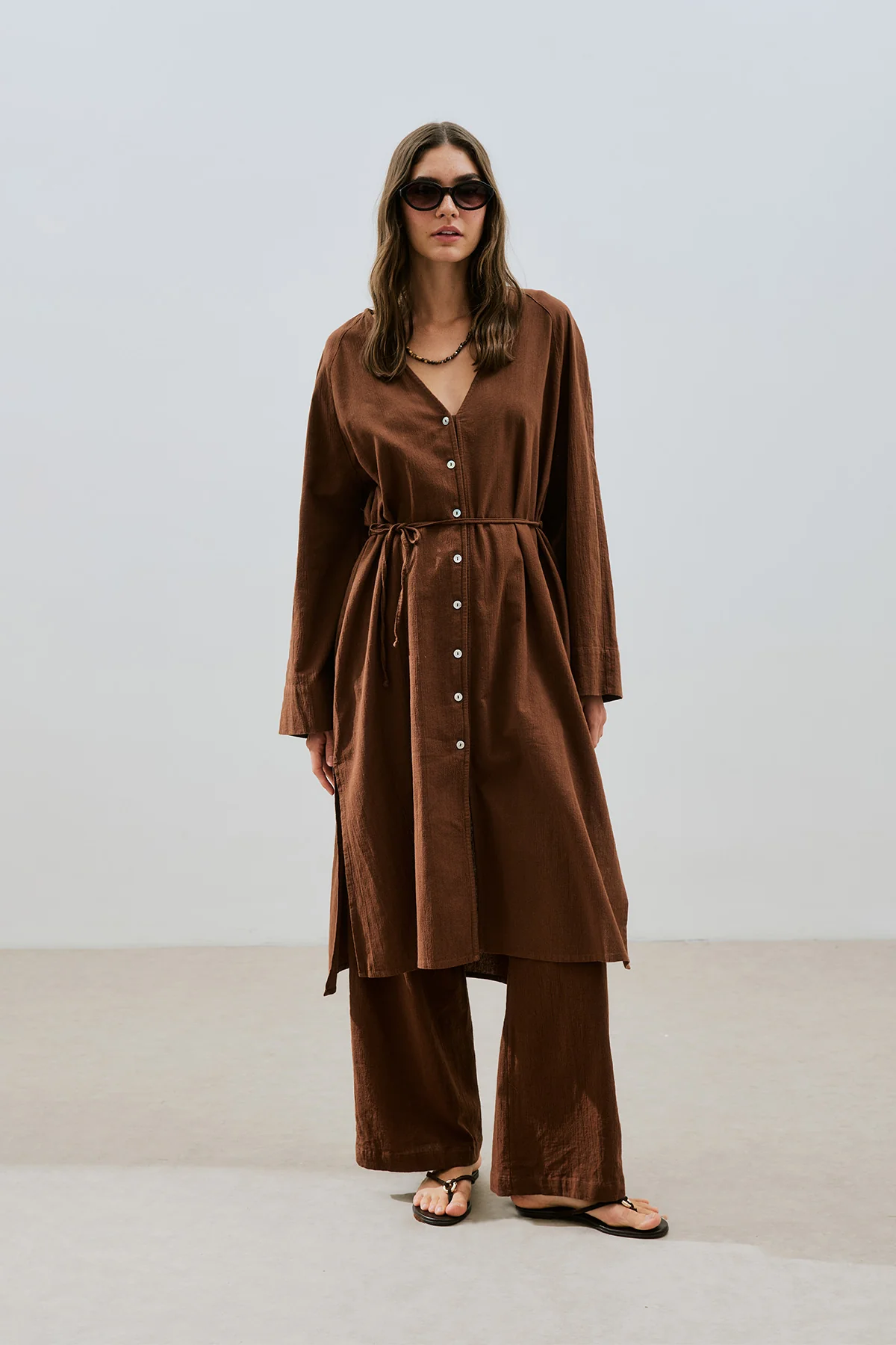 Textured Button Longline Tunic Brown - Image 2