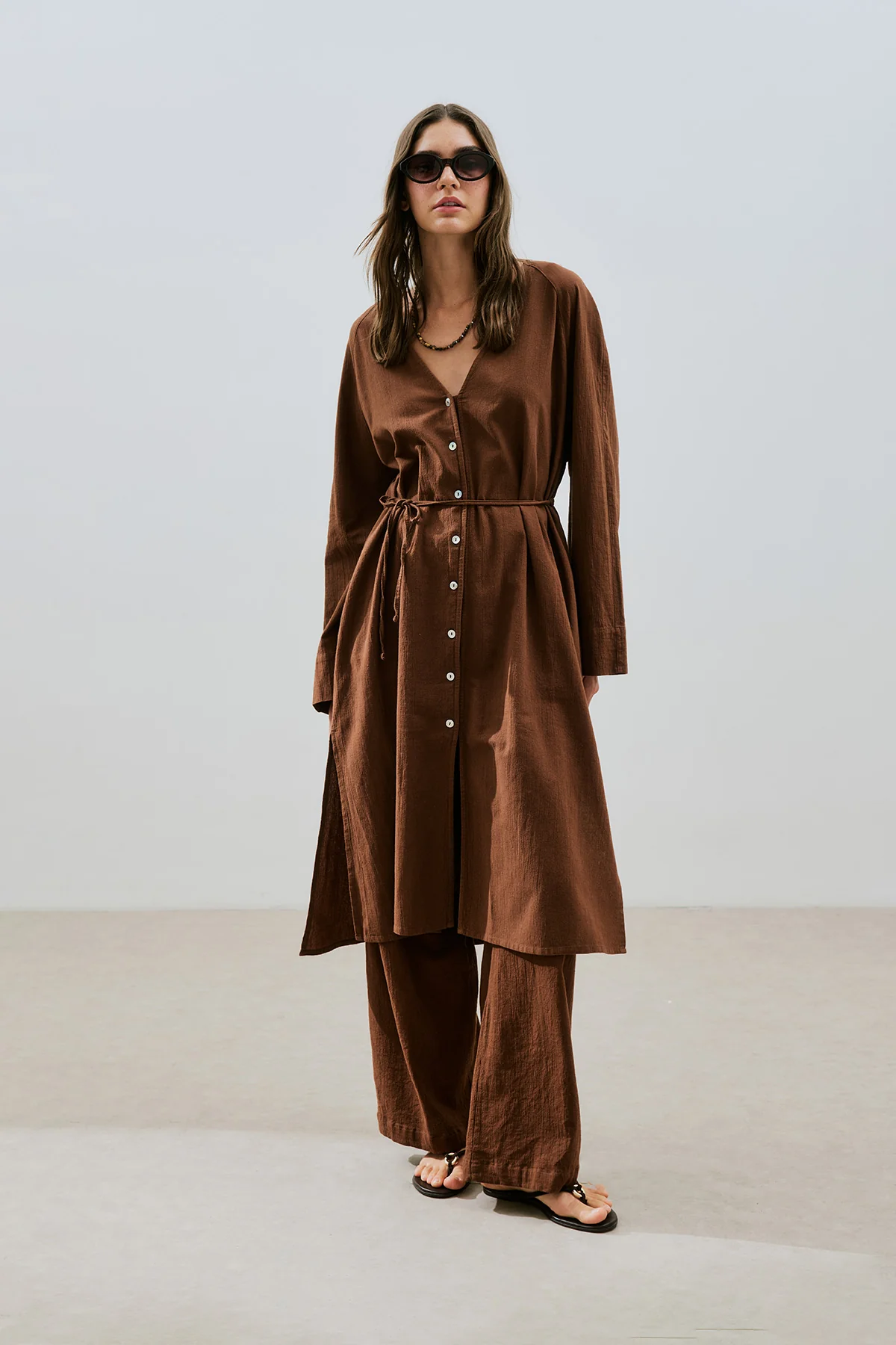 Textured Button Longline Tunic Brown - Image 3