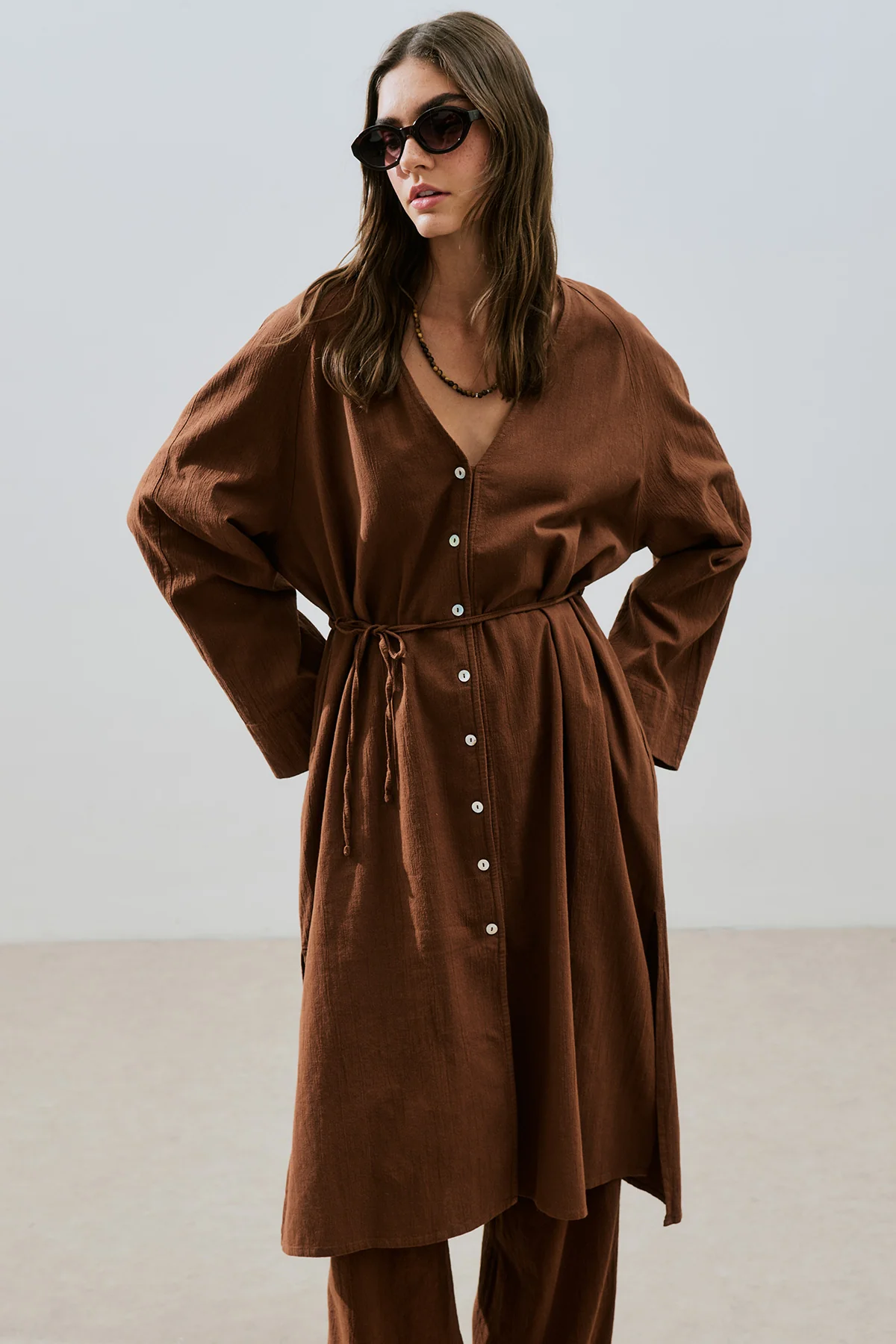 Textured Button Longline Tunic Brown - Image 4