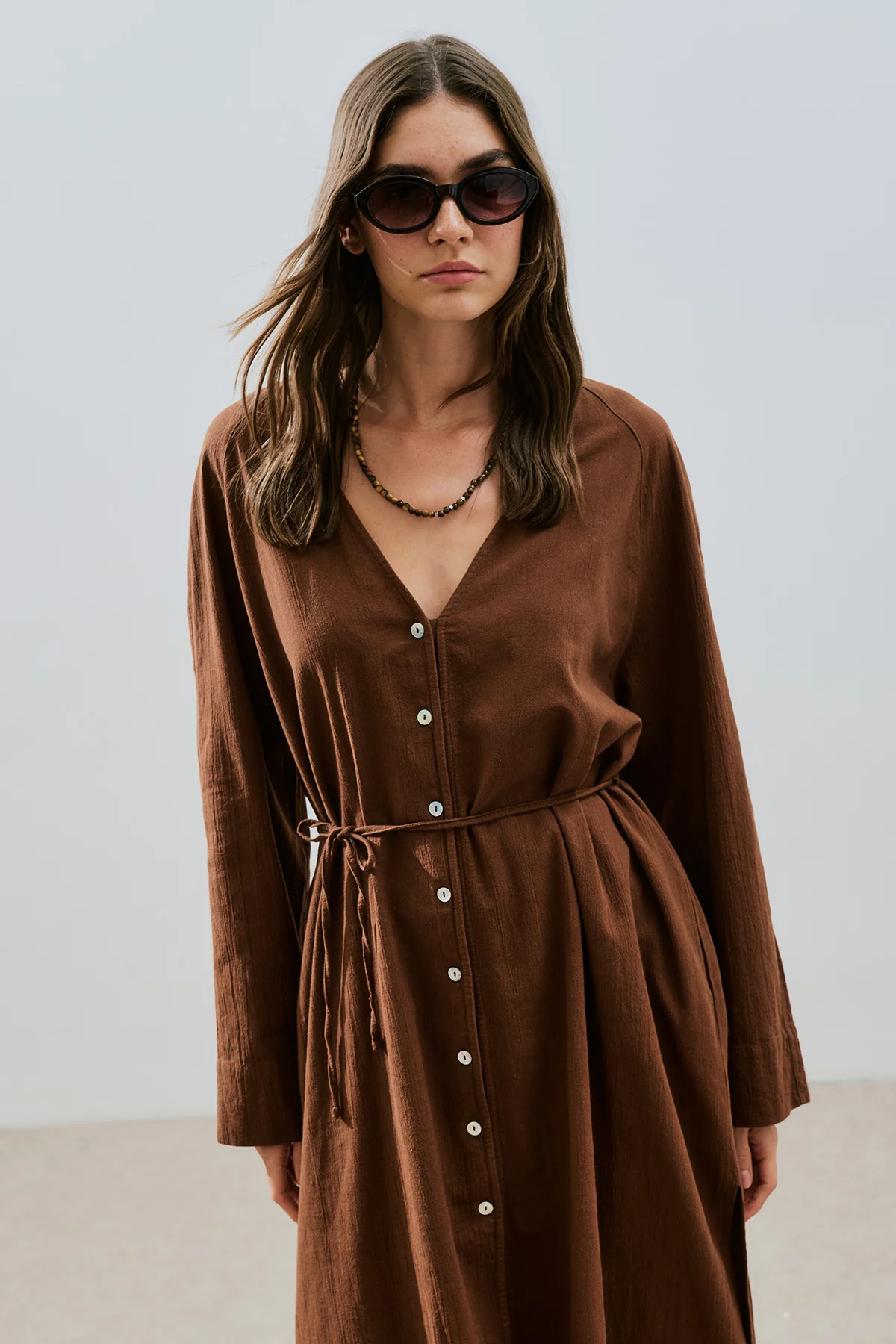 Textured Button Longline Tunic Brown - Image 5