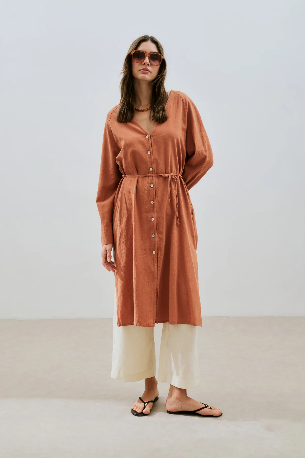 Textured Button Longline Tunic Cinnamon - Image 2