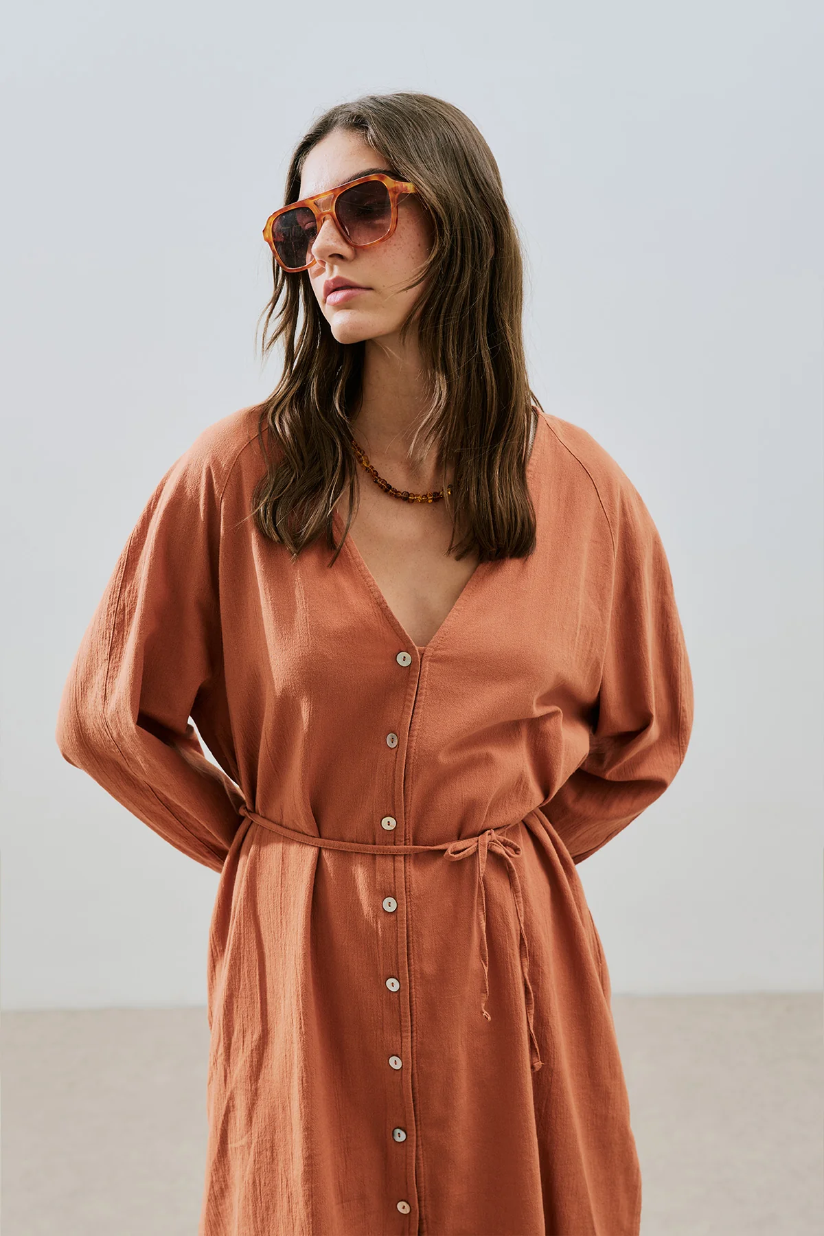 Textured Button Longline Tunic Cinnamon - Image 3