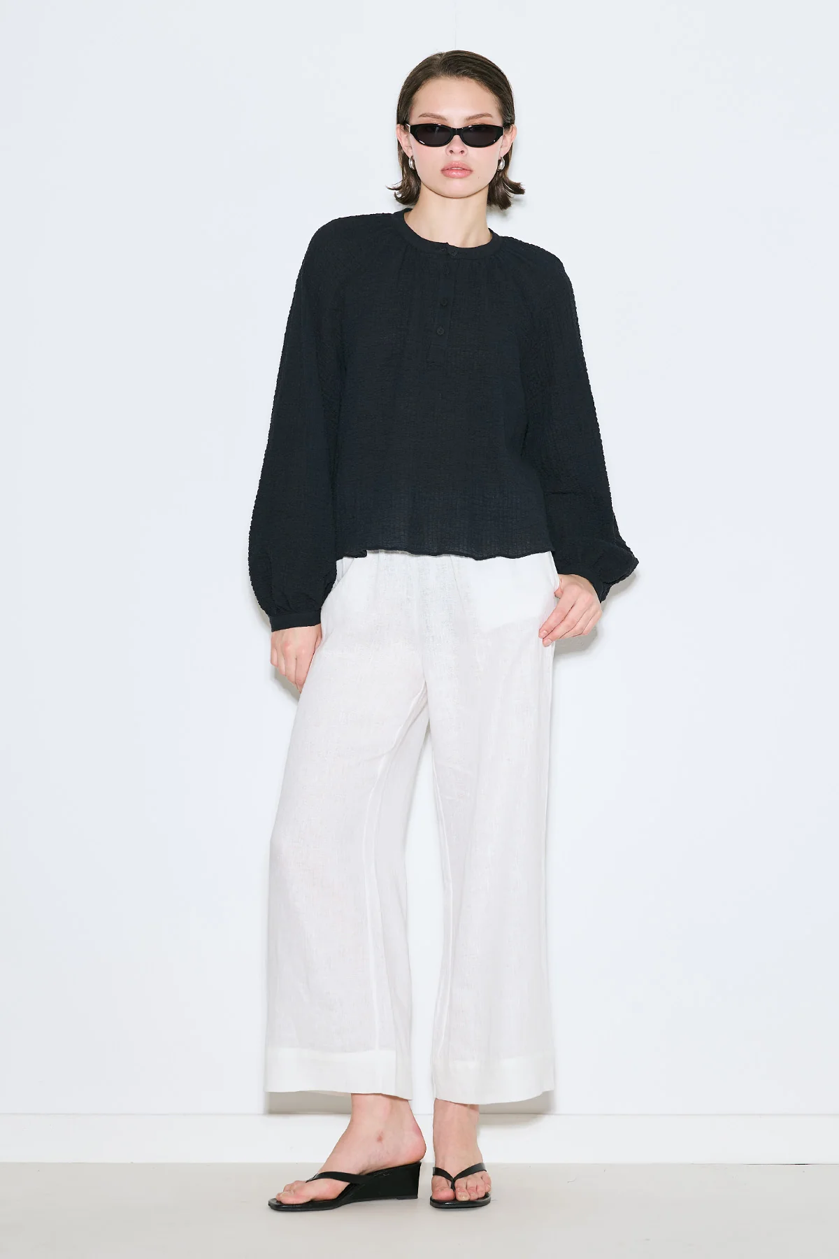 Textured Button-Neck Blouse Black