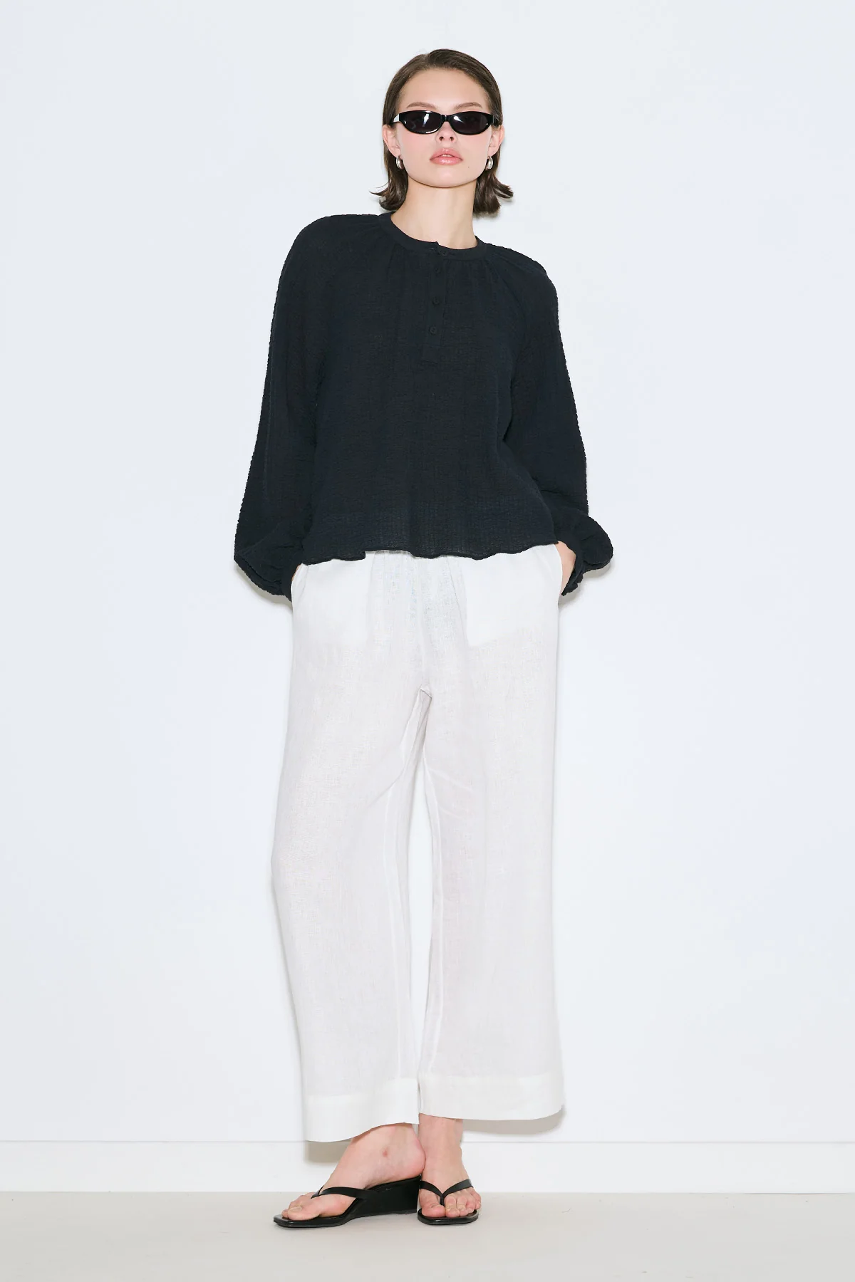 Textured Button-Neck Blouse Black - Image 2