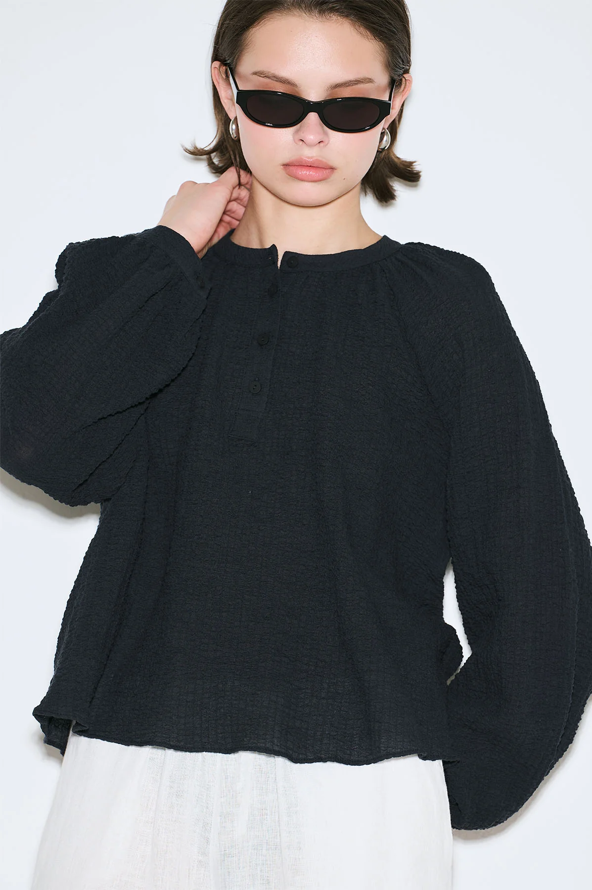 Textured Button-Neck Blouse Black - Image 3